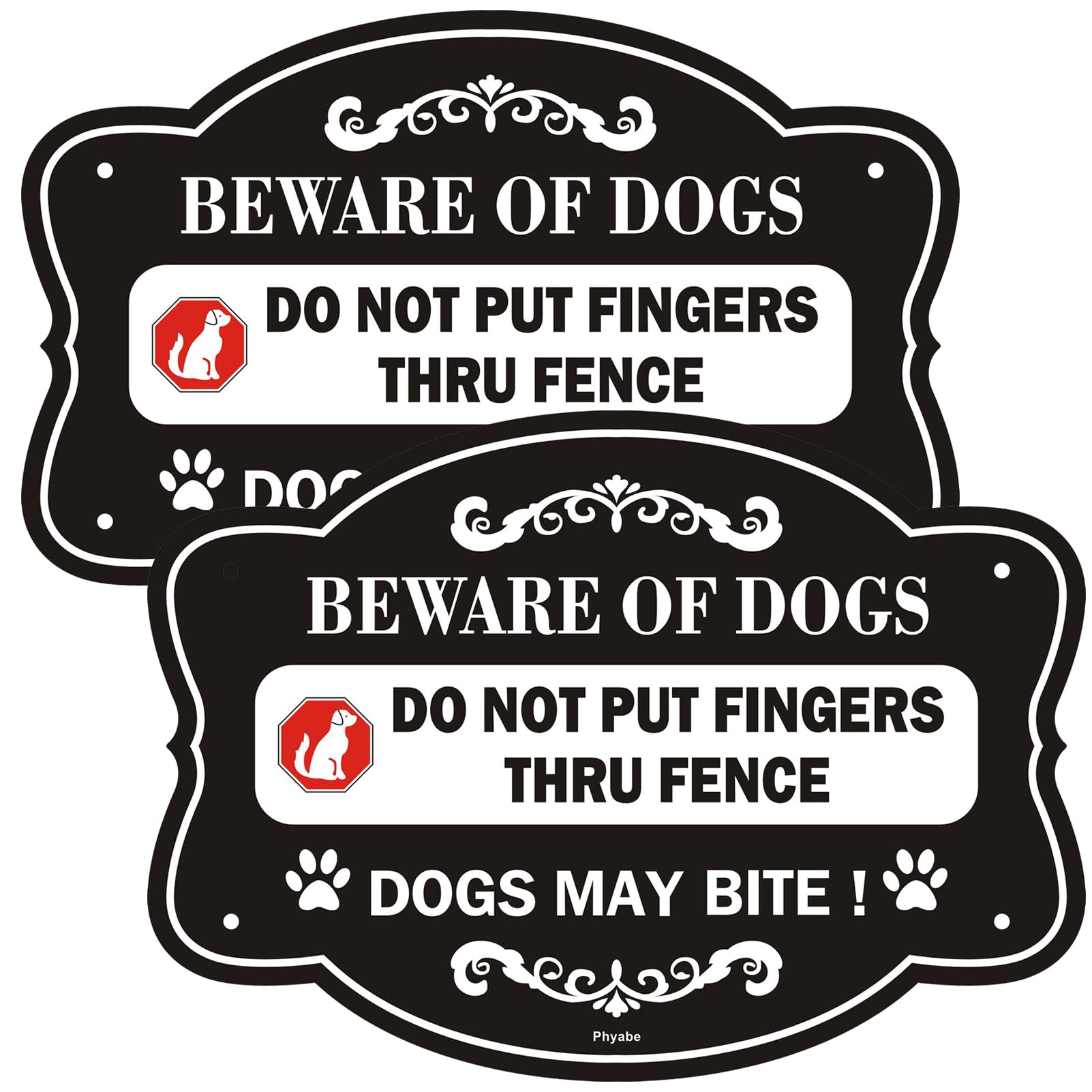 Phyabe 2 Pack Beware of Dog Sign for Fence Do Not Put Finger Thru Fence. 10 x 7 Inch Rust-Free Aluminum, Weather-Resistant