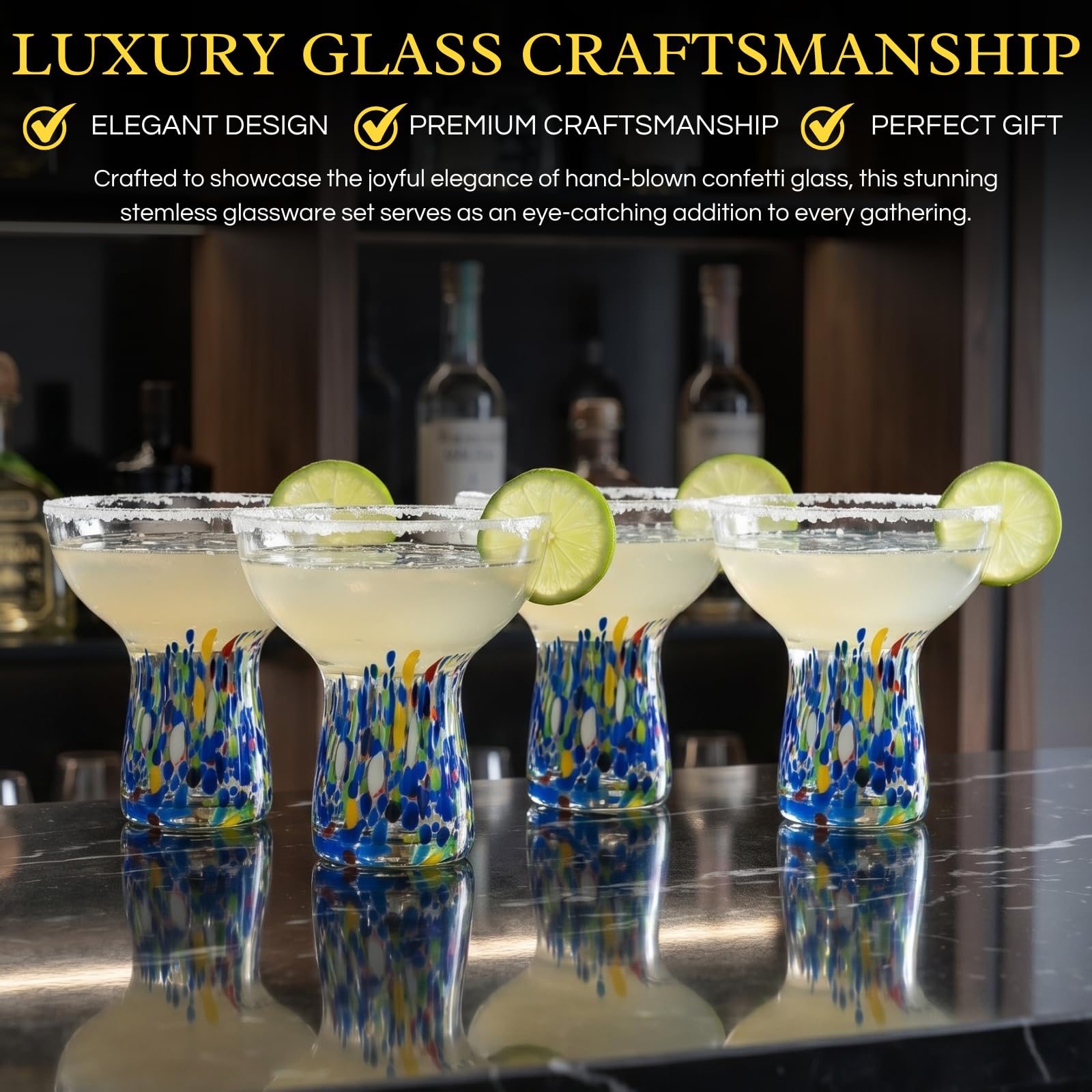 Margarita-Glas ohne Stiel – 4er Set – luxuriöses mundgeblasenes Konfetti Margaritas, für Cocktails, Wasser, Wein, Dessert, Cinco de Mayo, mundgeblasenes Glas – mexikanisches Konfetti-Design