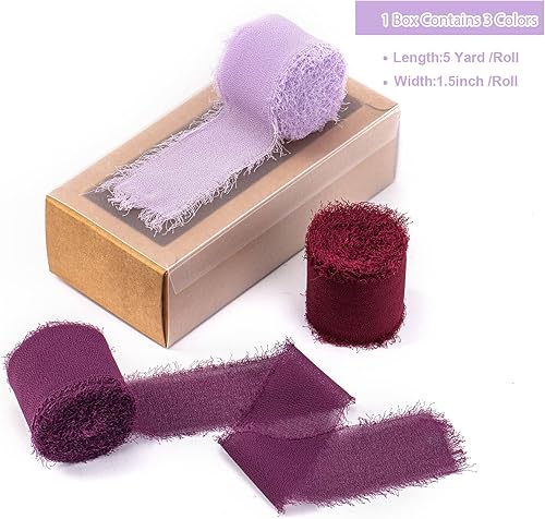 Miniatura 3 de 3 Rolls Chiffon Ribbon 1.5" x 5Yd Purple Silk-Like Handmade Fringe Ribbon Set for Wedding Invitations, Bridal Bouquets, Decorations, Gifts Wrapping,