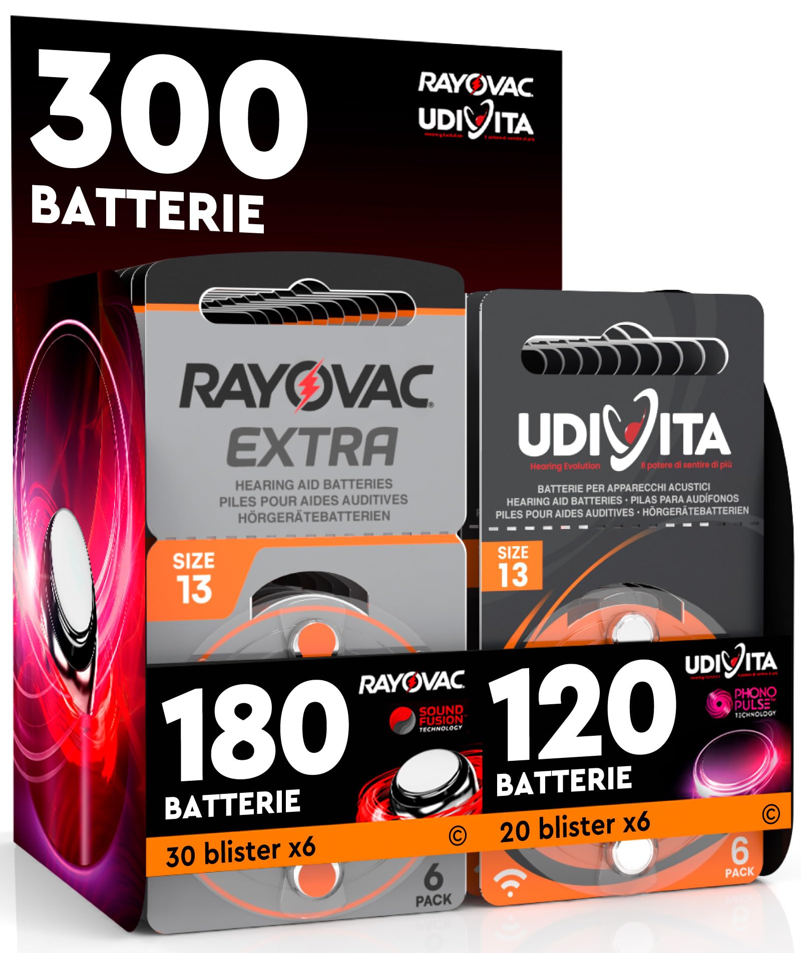 300 Batterie per Apparecchi Acustici Misura 13 PR48 Arancioni Zinco-Aria Phono Pulse Technology in 50 Blister da 6 Pile - 300 Batterie: 180 Rayovac + 120 Udivita
