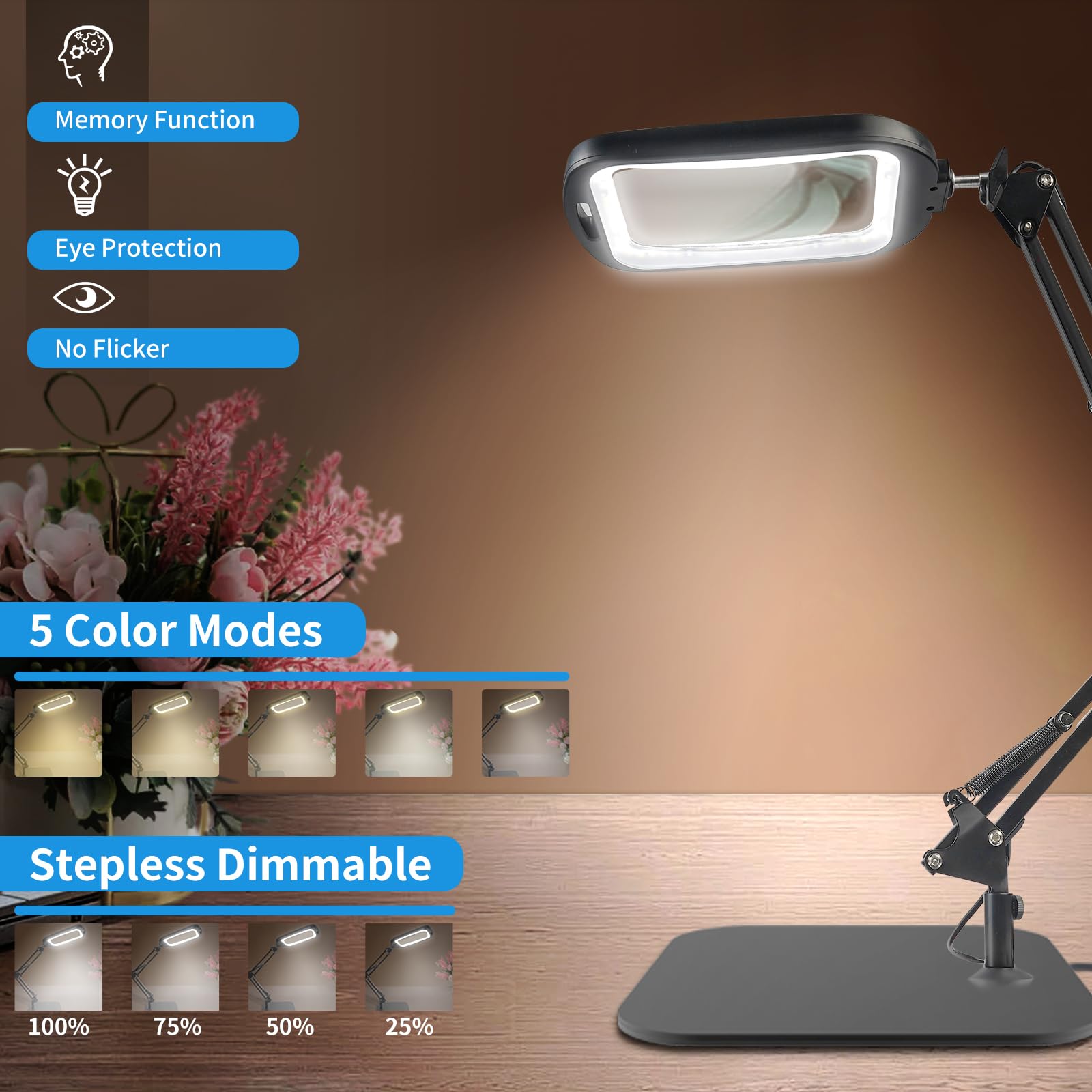 GABORISH 10 lupas de mesa con luz y soporte, lámpara de lupa rectangular con 60 LED, 5 modos de color y regulable, sin manos, lupa de pie con luz, 2 en 1, lámpara con lupa con abrazadera y base para