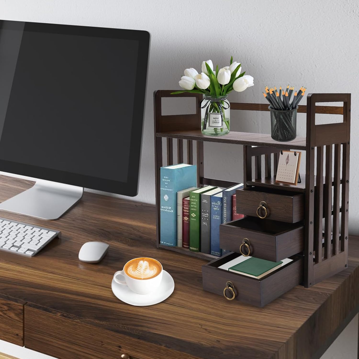 20 Inches Desktop Organizer Countertop Bookshelf with Drawers Cabinet, Wood Desktop Bookcase Storage Shelf for Home Office, Letter Tray Folders, File, Mail Sorter Rack Book Document Holder