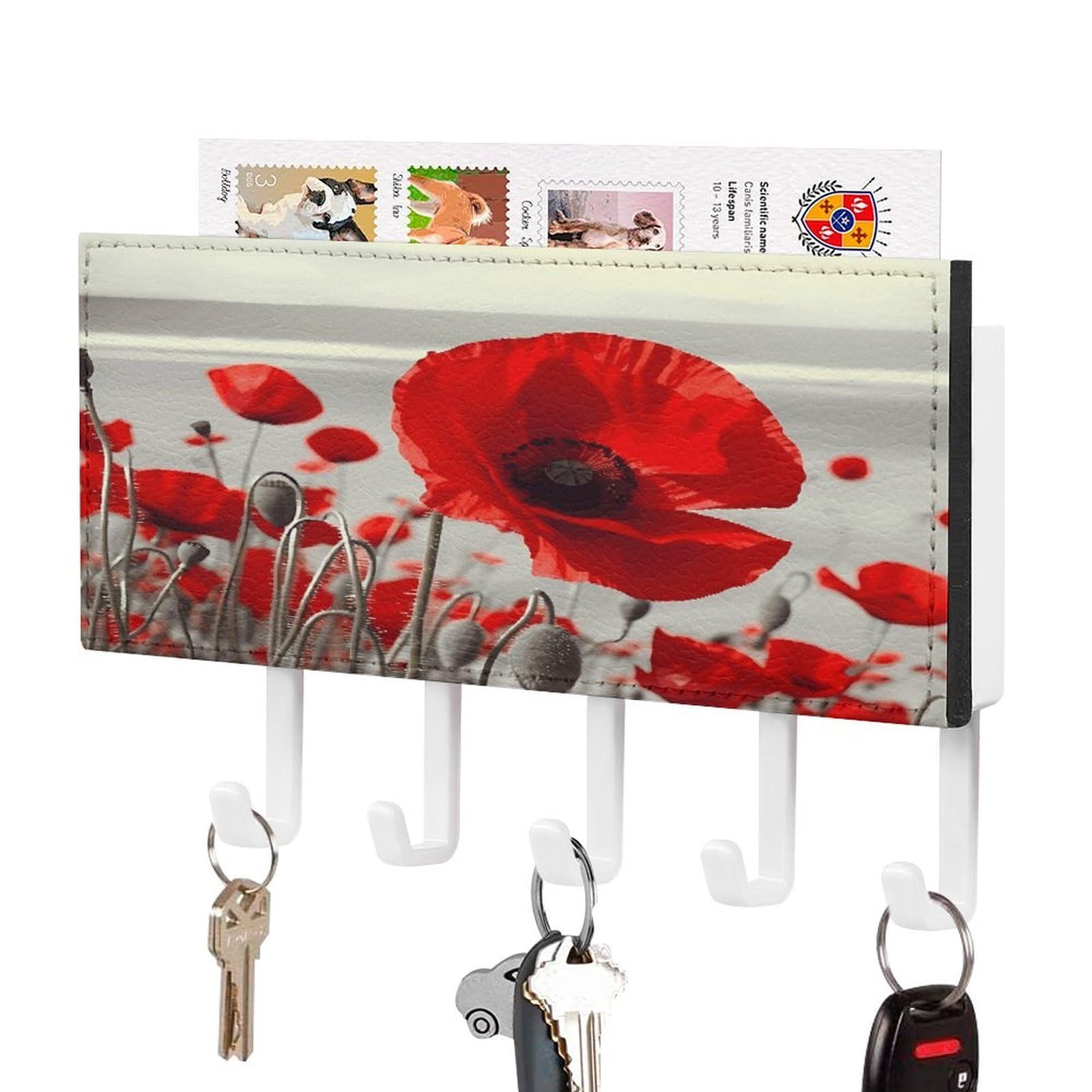 FekiLoot Red Poppy Flower Key Holder Wall Mount Decorative Key and Mail Holder with 5 Hooks Key Hanger Organizer Pu Key Rack Decorative Home Decor for Wall Living Room Entryway Office White-Style