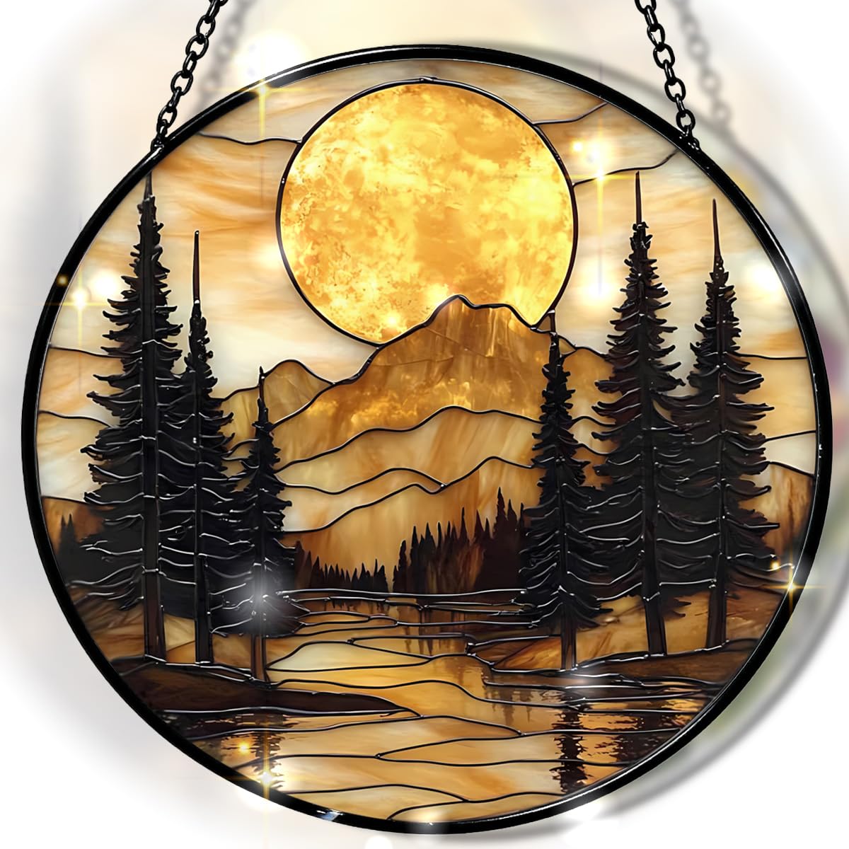 Vitrail à suspendre coucher de soleil montagne pour déco fenêtre et cadeau maison - 20 cm