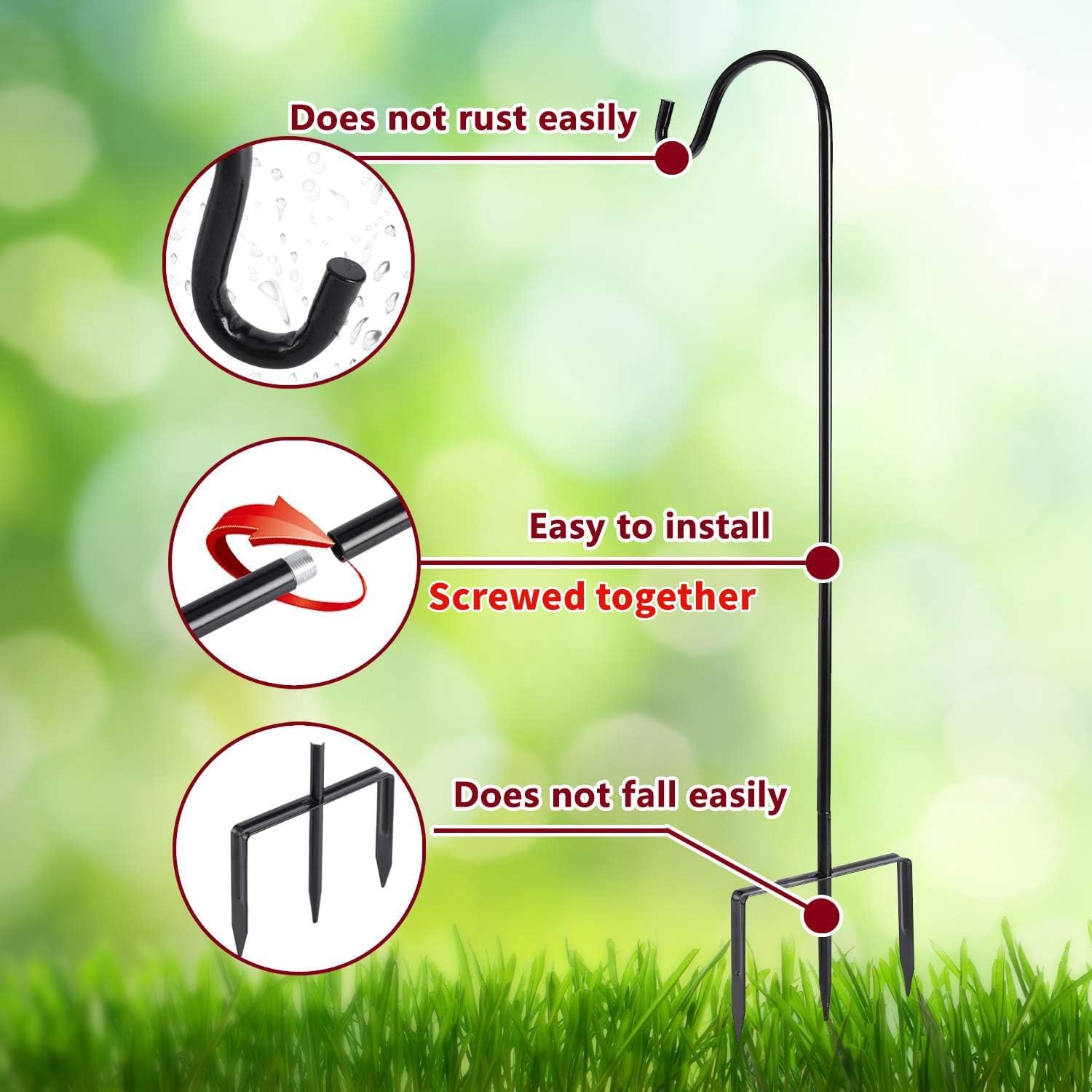 EXCMARK 2 Pack Shepherd Hook Adjustable Height 31/24/16’’ 1/2 inch Thick Use at Weddings, Hanging Solar Lights, Lanterns, Bird Feeders, Metal Hanger Hook (Black, 31 inch). U.S. Patent. - Image 4
