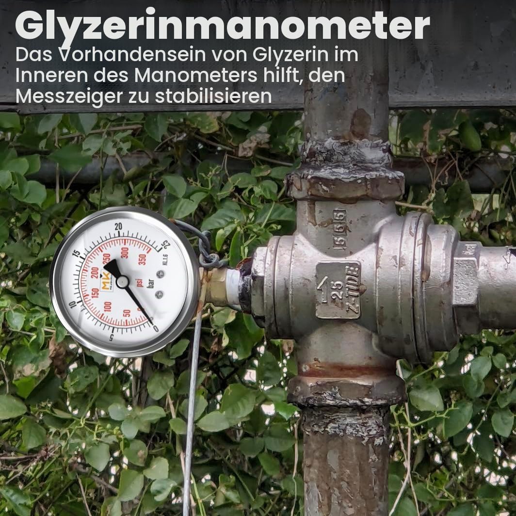 Glyzerin-Manometer 0–25 bar, Anschluss 1/4 NPT, Edelstahlgehäuse mit Teflon und Adapter 1/4 NPT auf 1/4 BSP, Kompressionstester, Luft-, Reifen-, Wasser-, Gas- und Benzindruck