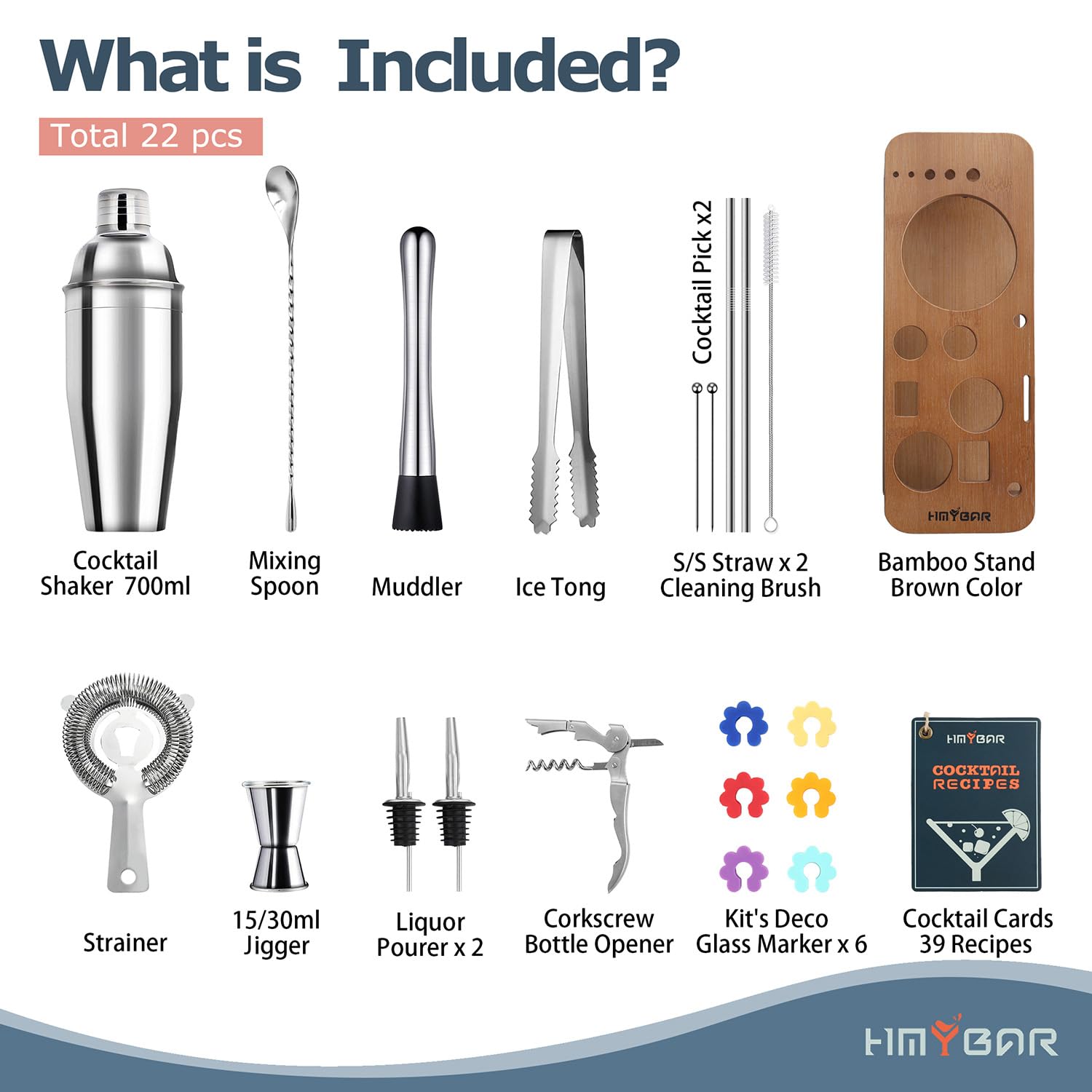 Juego de coctelera de 22 piezas (24 onzas/700 ml), kit de barman mixología, juego de bar, juego de herramientas de bar, juego de fabricación de martini con tarjetas de cóctel de 39 recetas y