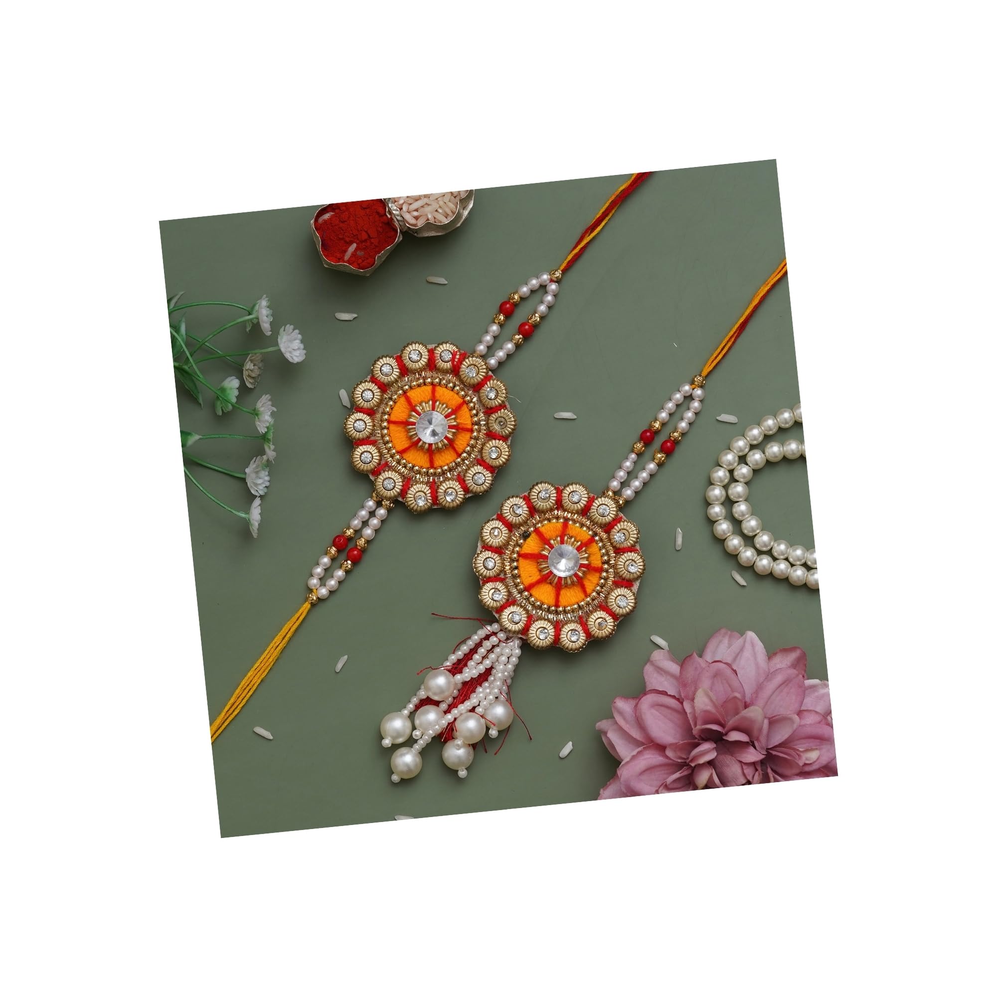 eCraftIndia Orange and Red Floral Pearls, Diamonds Designer Bhaiya Bhabhi Rakhi Set with Roli Chawal Pack - Rakhi for Brother, Bhaiya, Bhai - Lumba Rakhi for Bhabhi, Sister (B0C8NKGS41) Amazon Price History, Amazon Price Tracker