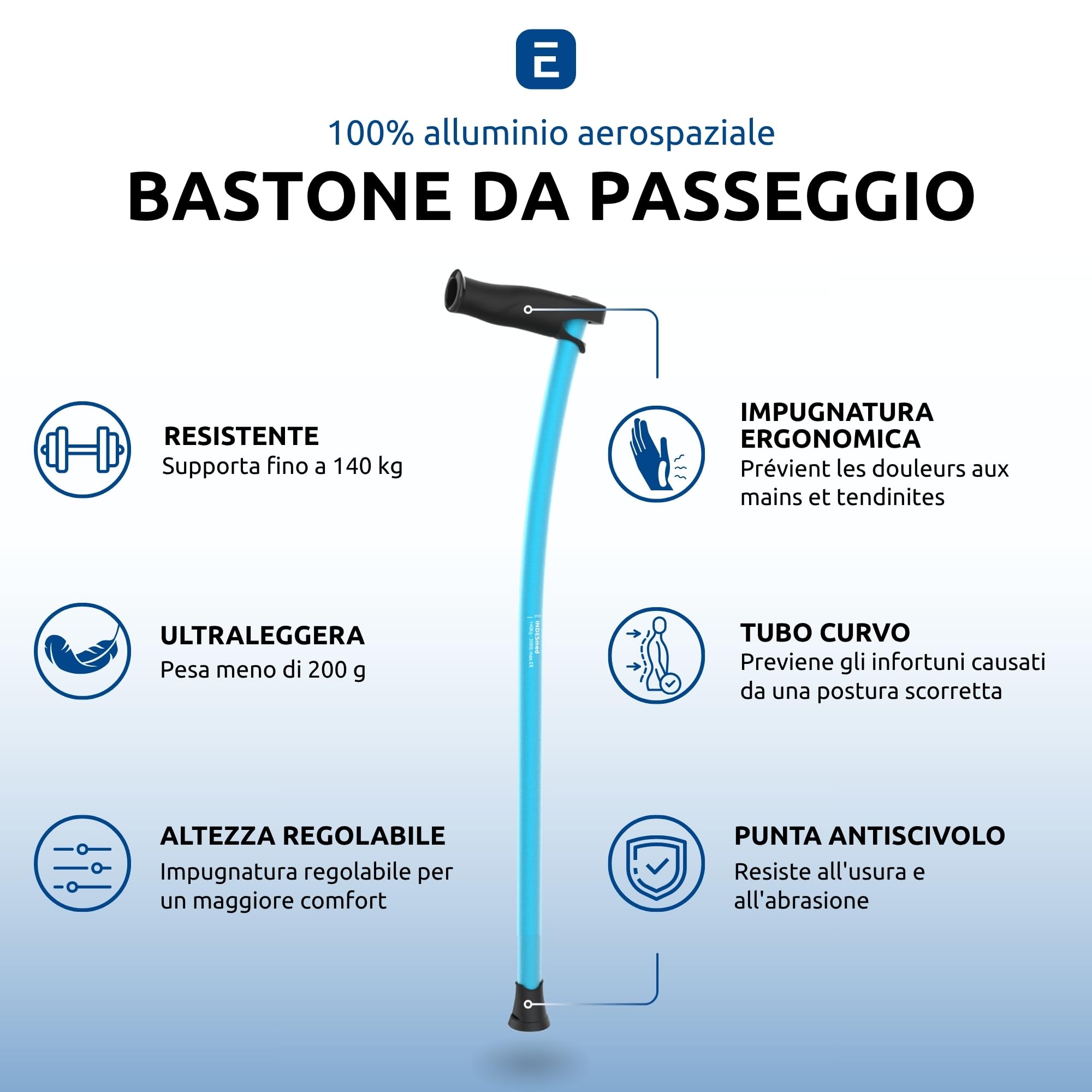 Bastone da Passeggio 100% Alluminio Aerospaziale Ergonomico e Leggero | Impugnatura Ergonomica Antitendinite, Impugnatura Regolabile, Design Elegante, Uomo e Donna, per Anziani | INDESmed