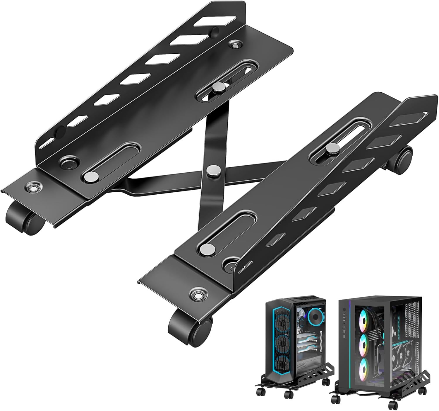 PEGZONE Adjustable PC Stand for Floor(400-510mm D, 160-300mm W), PC Tower Stand with 4 Caster Wheels, Ventilated Under Desk CPU Cart Holder for Office, Gamers, Black