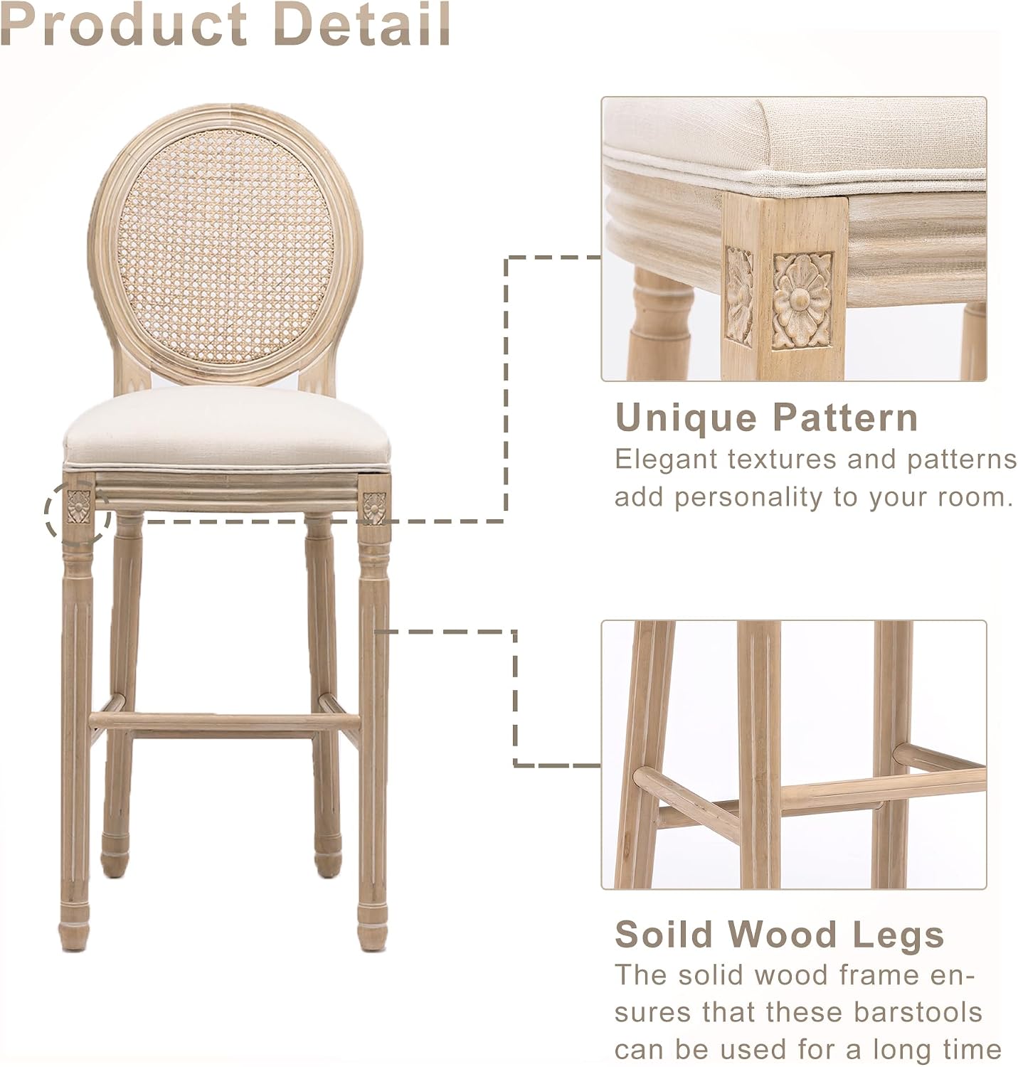 Set of 2 Solid Wood Beige Barstools with Upholstered Seating, 30" Classic French Country Wooden Barstools, Stylish and Comfortable Rattan Back Kitchen Bar Stool for Dining Room