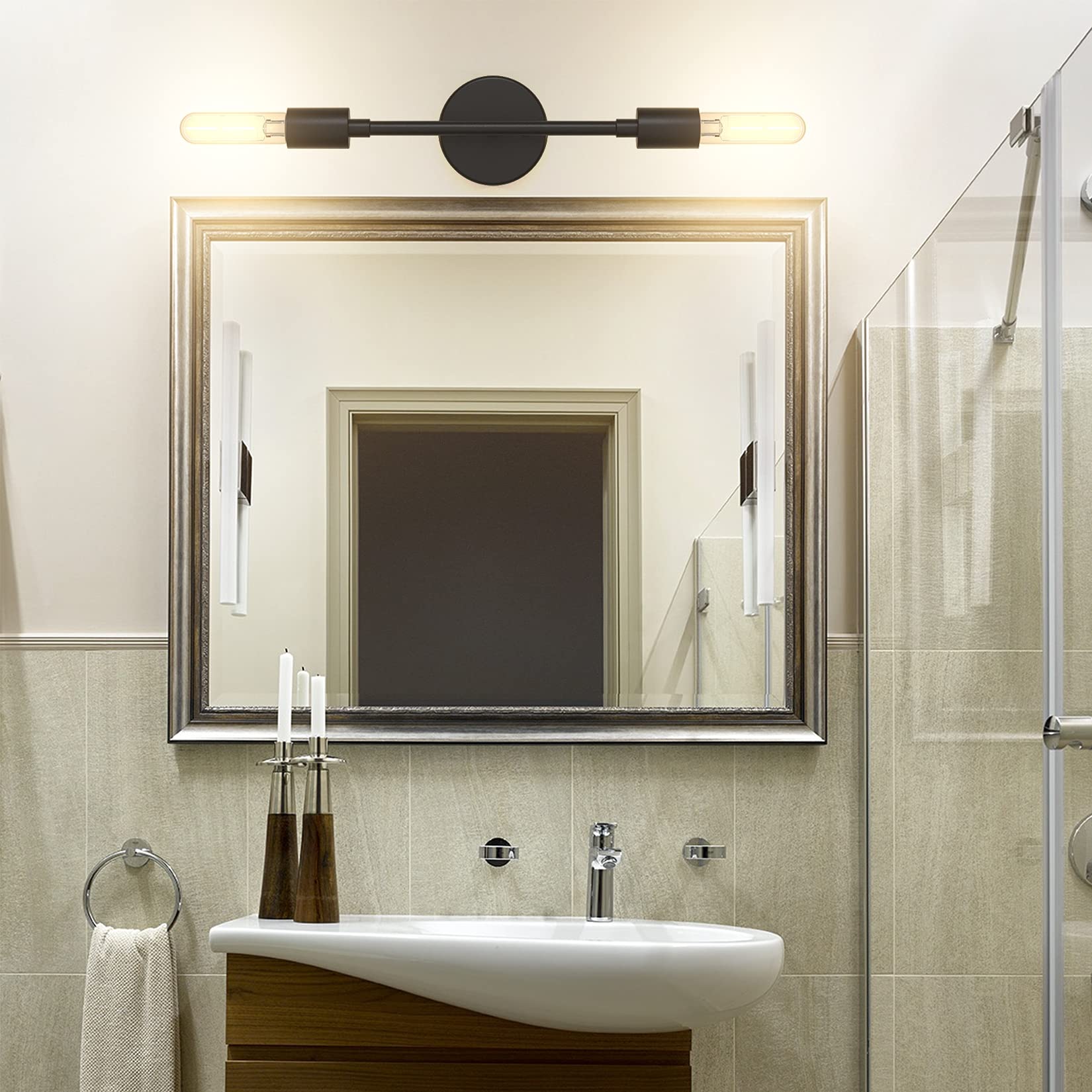 Klighten Aplique Espejo Baño Vintage con 2 Luces, Lámpara de Espejo Baño de Hierro Negro, Aplique Pared, Luz de Espejo de Baño, Largo: 40cm/15,75 Pulgadas, Casquillo E27, Bombilla no Incluida
