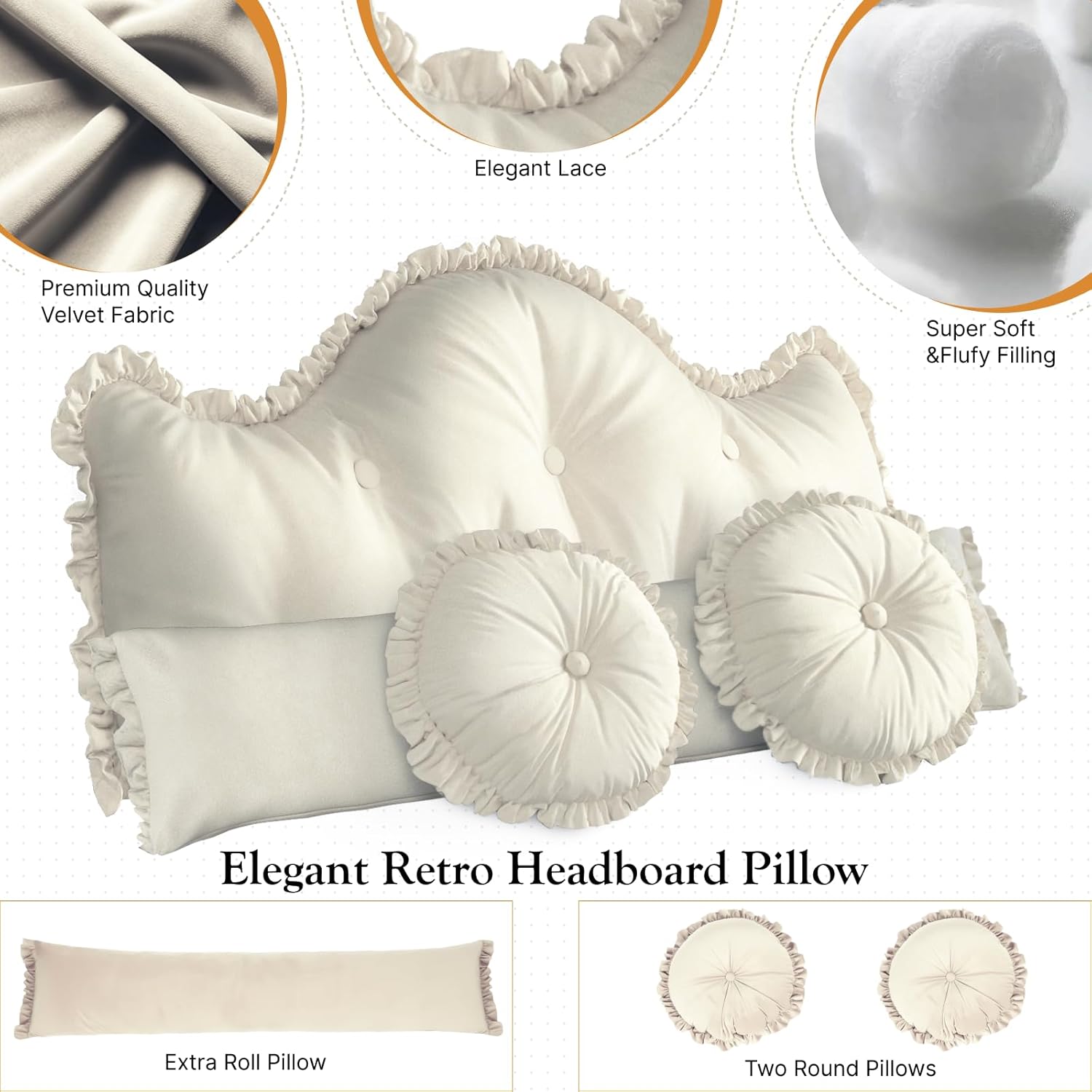 Large Headboard Pillow Bed Rest Reading Pillow, Sofa Backrest Long Pillow, European Headboard Pillow with 1 Pack Neck Roll Pillow and 2 Round Cushions, Removable Cover