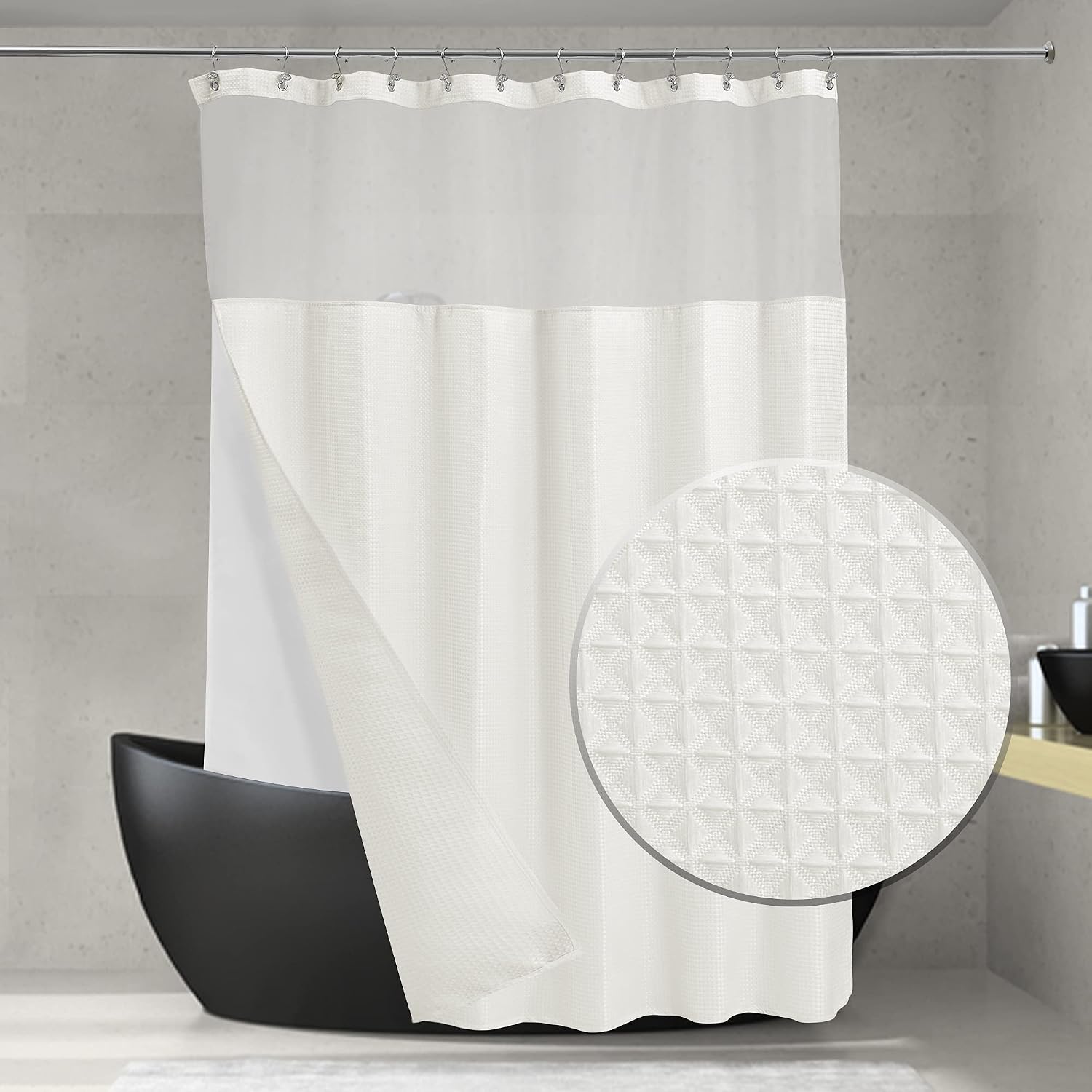 ALYVIA SPRING Waffle Weave Shower Curtain with Snap-in Fabric Liner Set: Hotel Style Cream Shower Curtain & See Through Sheer Window, SPA, Double Layers for Easy Clean & Washable, 71x72, Beige