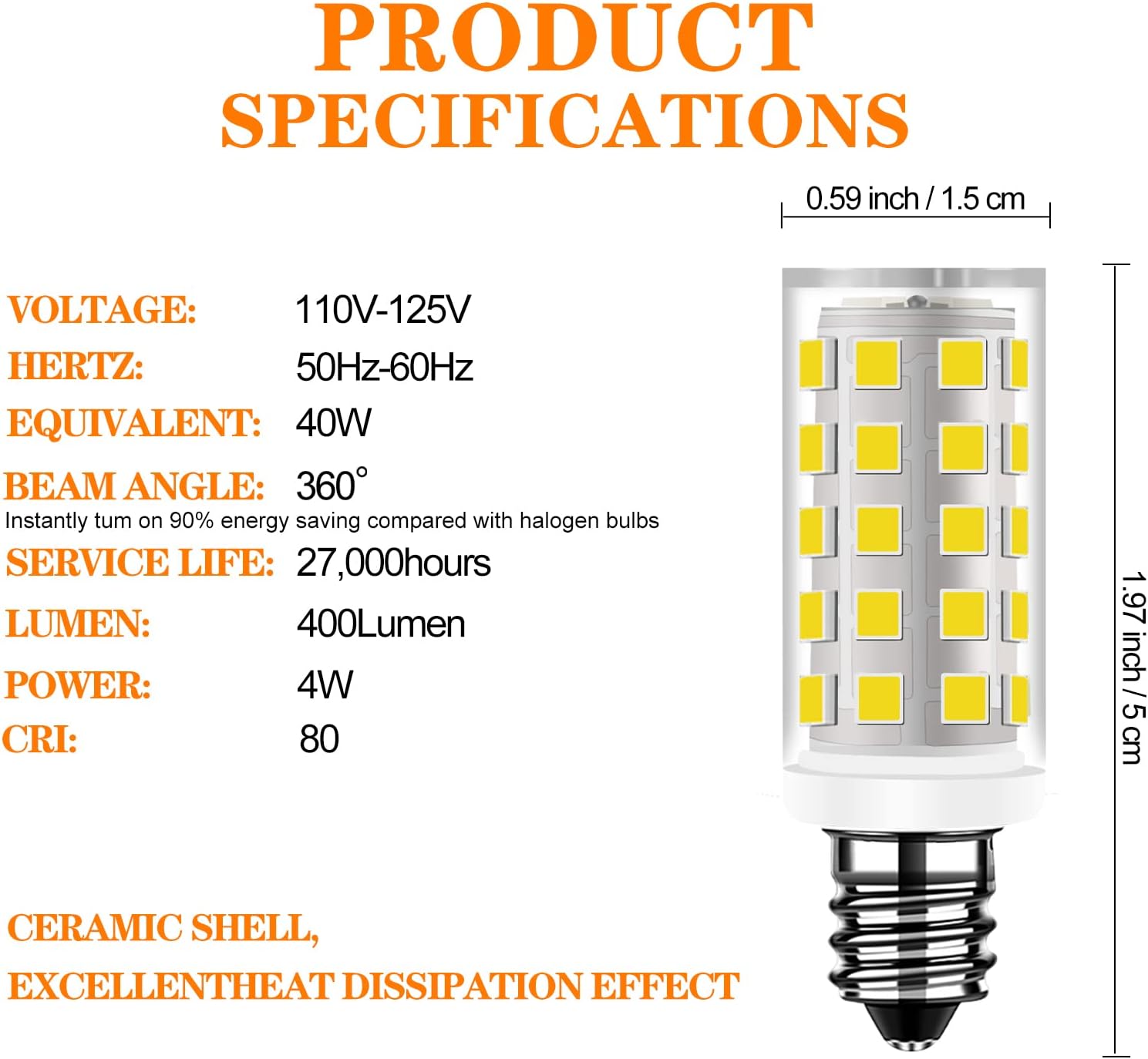 E12 LED 40W Halogen Equivalent Range Hood Bulb Replacement for AP5610225 W10857122 b02300264 Non-dimmable 360° 400LM Flicker-Free (Daylight White 6000K 2 Pack)
