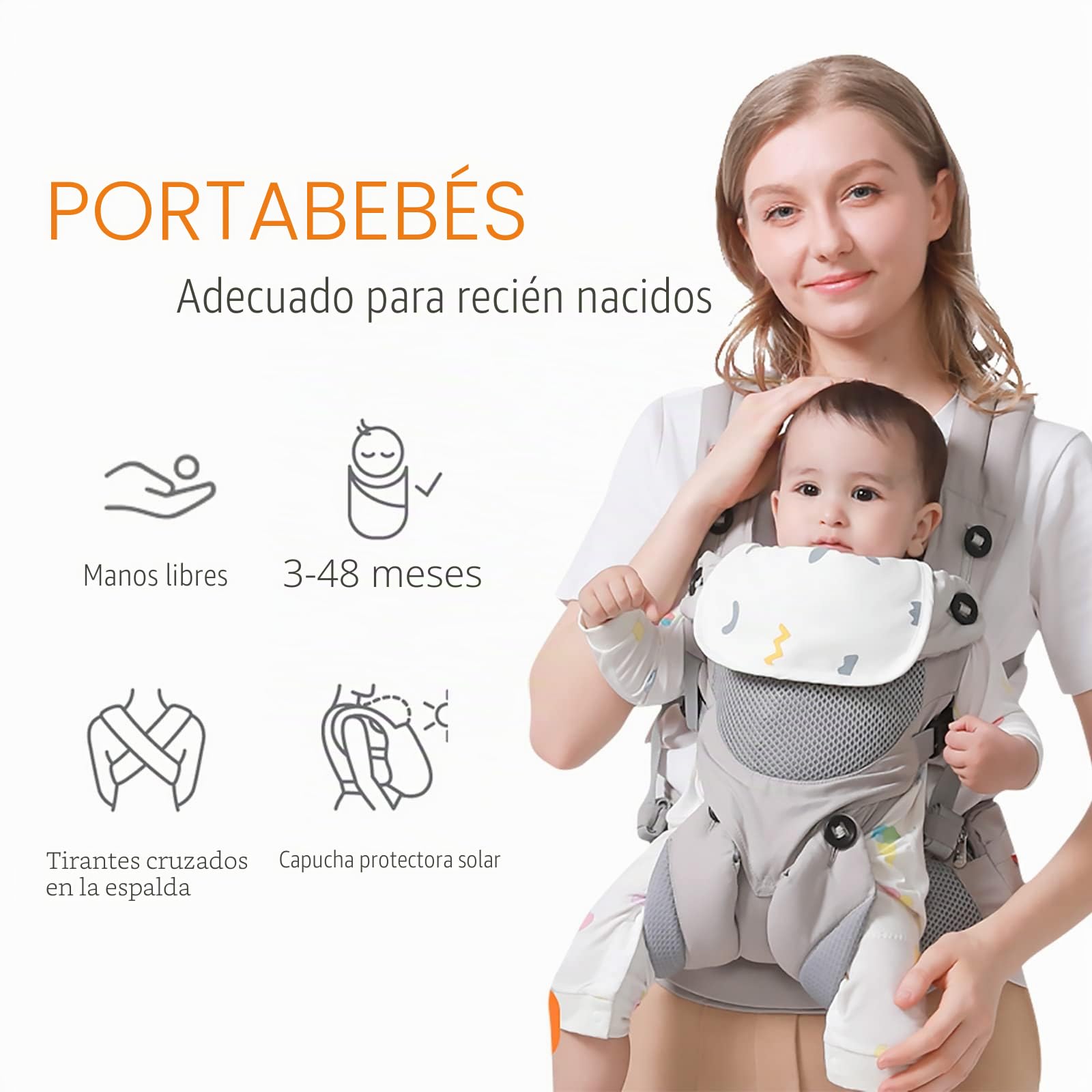 SONARIN 3 en 1 Mochila Portabebés Transpirable,Portabebés Ligero Multifunción Portador de Bebé Ergonómica para Recién Nacidos y Niños Pequeños 3-48 Meses,Todas las Posiciones(Gris)