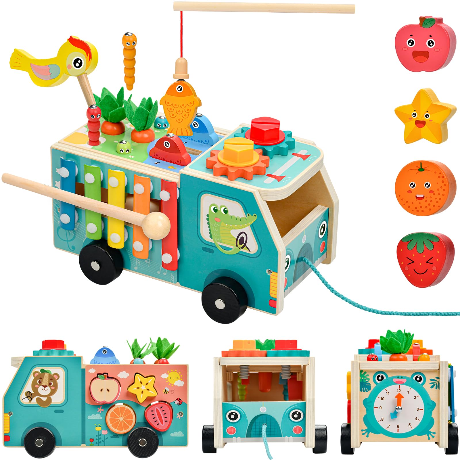 Cubo Motorio Giocattolo in Legno 5-in-1 Trattore con Pesca Gioco di Ingranaggi Xilofono Classificazione delle Forme Giocattolo Educativo Regalo per Bambini dai 1 ai 2 ai 3 Anni