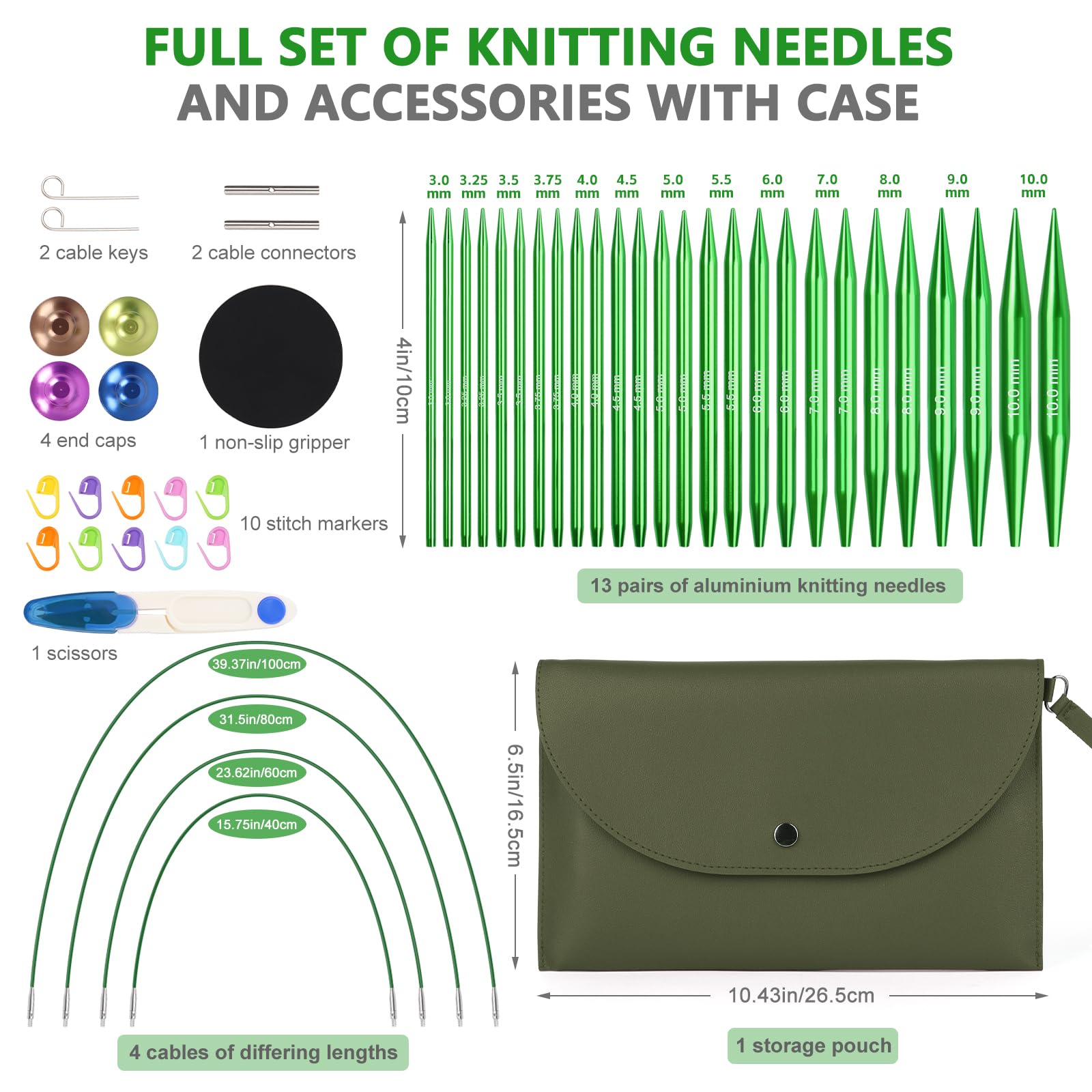 Aeelike Austauschbares Rundstricknadel-Set, Rundstricknadel-Set mit Etui und Zubehör, 13 Paar 3 mm-10 mm austauschbare Stricknadeln Metall, Strickset für Anfänger und Erwachsene