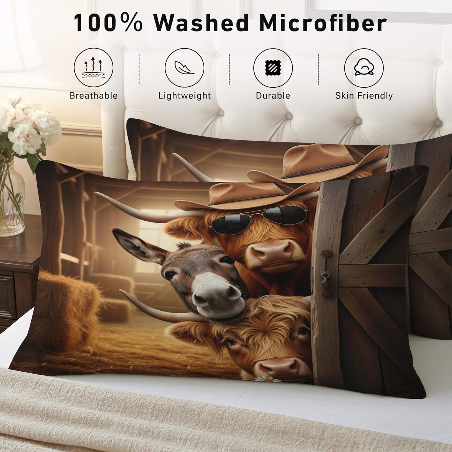 Farm Animal Sheets - Queen Sheet Set - Highland Cow Donkey Bed Sheets, Soft Microfiber & Deep Pocket & Wrinkle Free Patterned Bedding Sheets & Pillowcases - Funny Animal Gifts & Decor