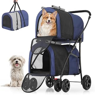 MoNiBloom Double Pet Stroller with Detachable Carriers, 4-Wheel Foldable Jogger for Small Medium Dogs Cats - Navy Blue/Gray