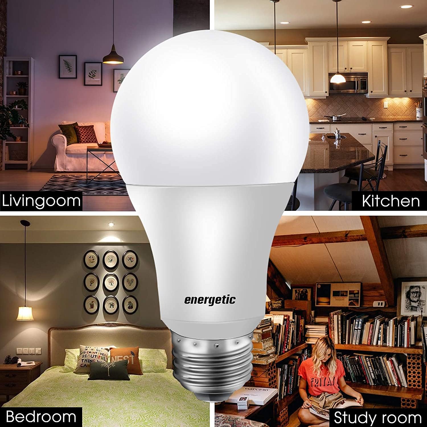 Energetic 4 Pack A19 LED Light Bulb, 60 Watt Equivalent, 3000K Warm White, E26 Medium Base, Non-Dimmable LED Light Bulb,15000 Hrs,UL Listed