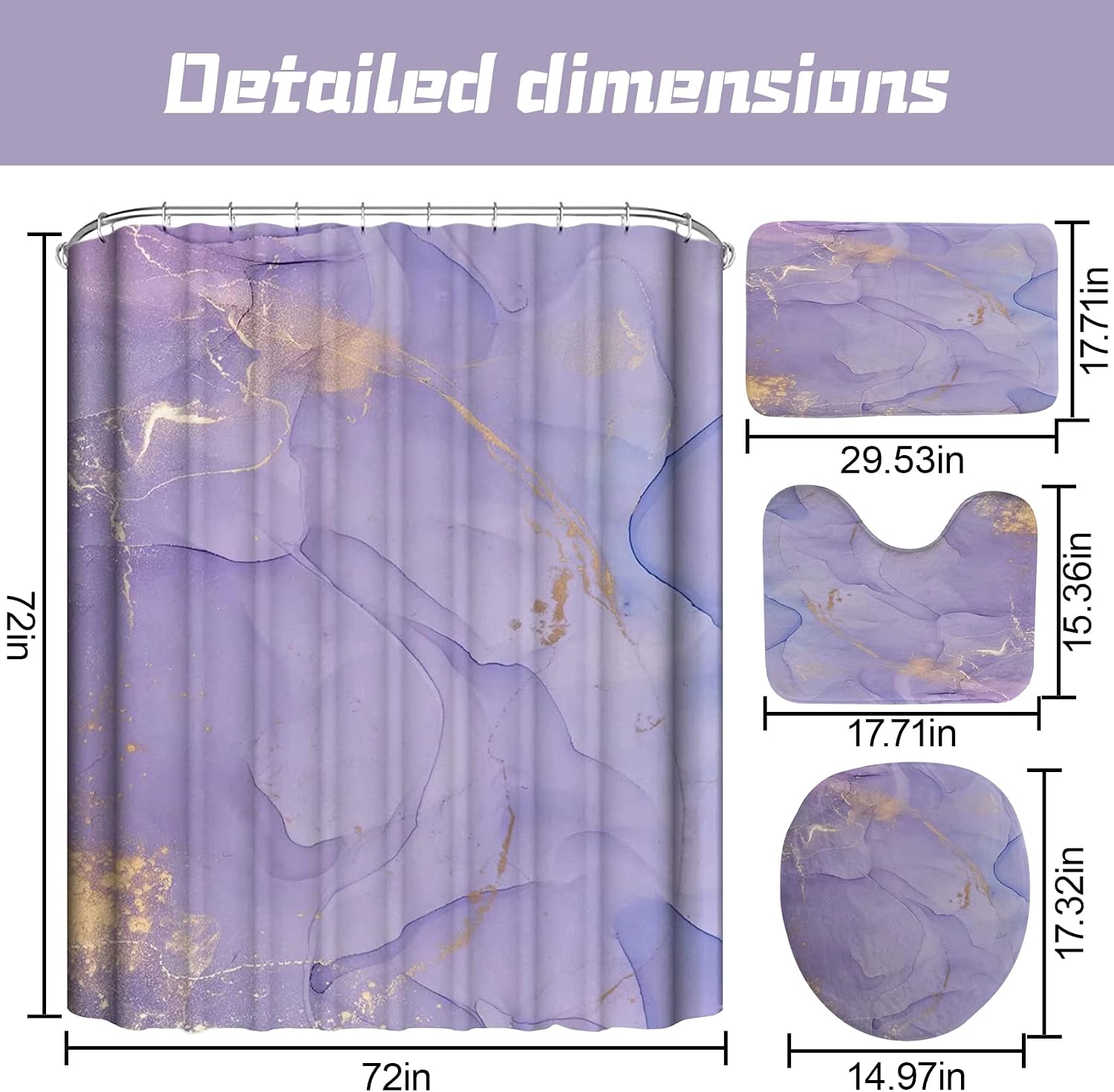4Pcs Purple Marble Shower Curtain Sets, Bathroom Sets with Shower Curtain and Rugs and Accessories, Rug Toilet Lid Cover and Non-Slip U Shape Mat, Waterproof Shower Curtain with 12 Hooks, 72" x 72"