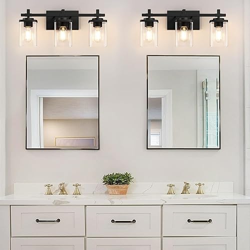 Miniatura 3 de Lámparas de tocador de baño de 3 luces sobre el espejo, modernos apliques de pared negros con pantalla de vidrio transparente, luces de tocador para