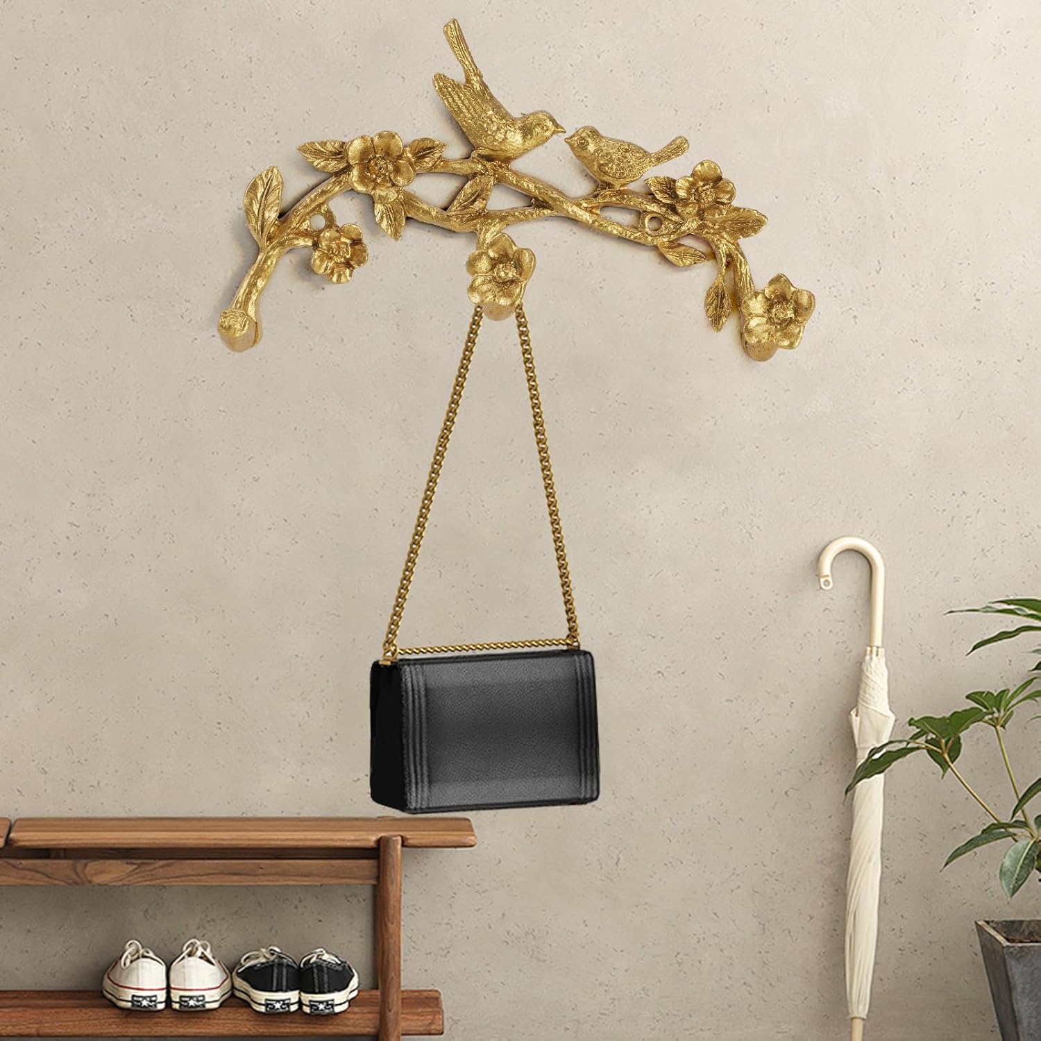 Vintage Gold Wall Hook Rack with 3 Hooks, Bird On Branch with Flowers and Leaves Decorative Wall Mounted Hook Holder for Coats, Hats, Keys, Towels and Clothes