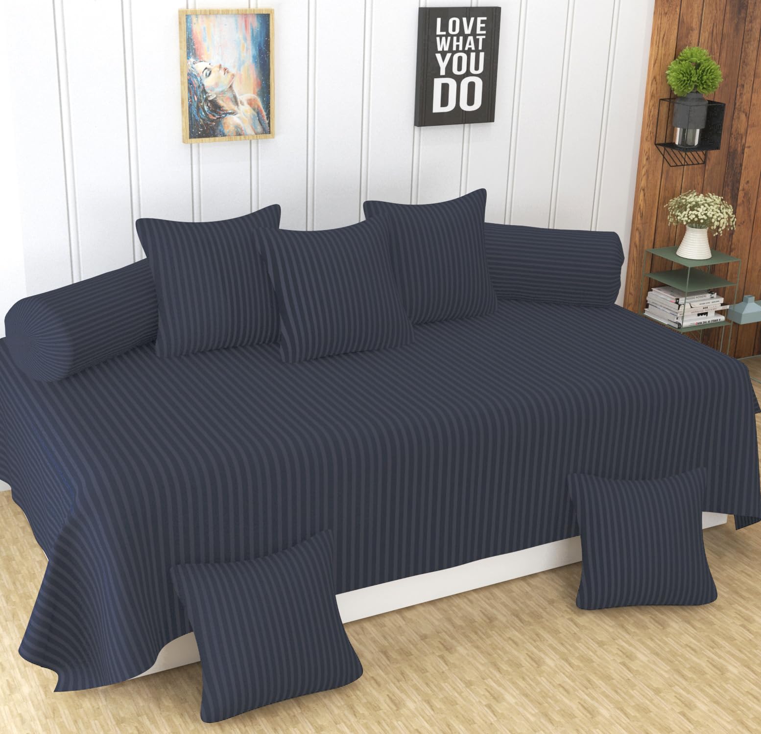 Homefab India 160 TC Stripe Glace Cotton Diwan Set - 8 Piece - Grey