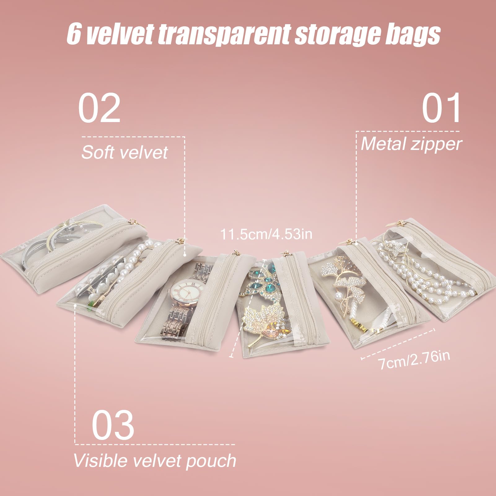 DesignSter Estuche Organizador de Viaje para Joyas, Joyero Pequeño de Poliuretano con 6 Bolsillos Transparentes, Almacenamiento para Aretes y Anillos
