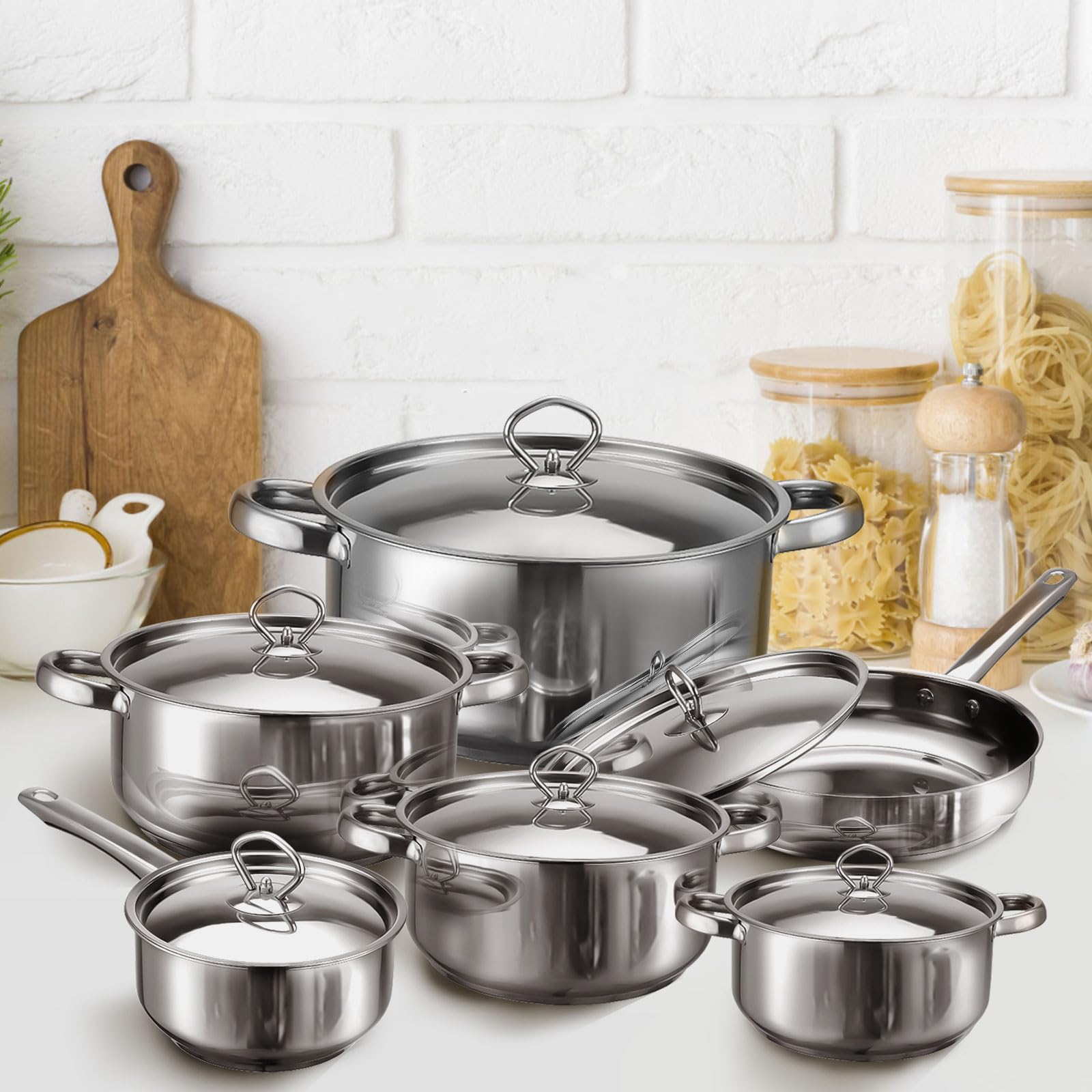 Cookware Set - 14 Piece Stainless Steel Cookware Set, Includes 6 Pots and Pans, 6 Lids and 3 Utensils, Fixed Handles, Induction Safe and Dishwasher Safe