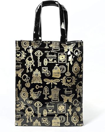 Amazon Greatbeauty レッスンバッグ 手提げ トートバッグ ファスナー付き 防水 学校用袋 おけいこバッグ ゴールド柄 ブラック L 学校用袋 バッグ 文房具 オフィス用品