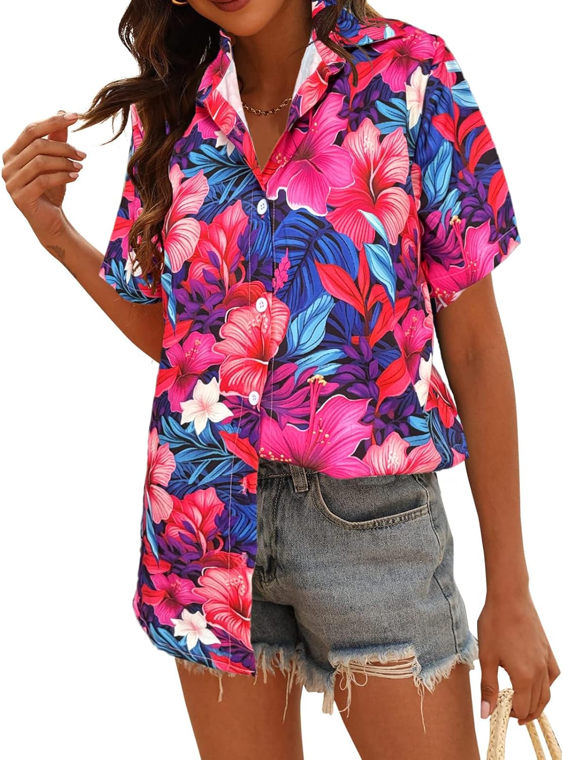 Women's Button Down Hawaiian Shirts Tropical V Neck Summer Beach Blouses Tops Floral Print Vintage Short Sleeve Tees - Image 3