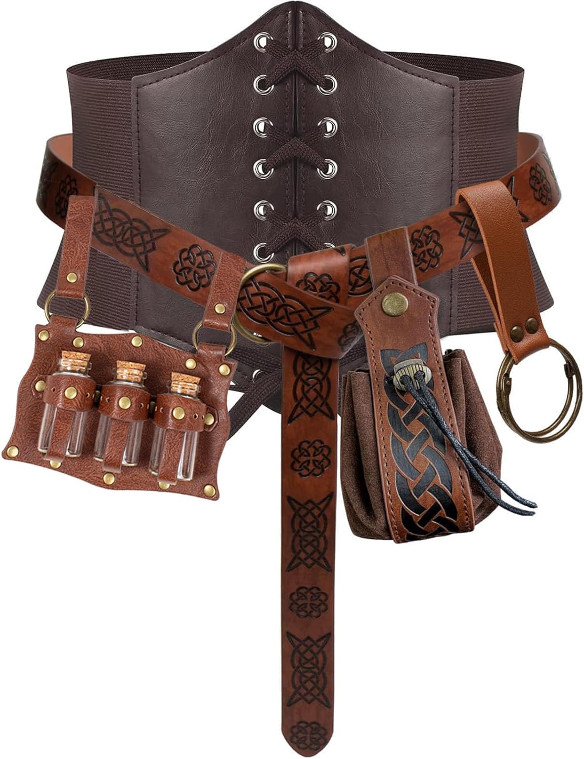 5PCS Renaissance Costume Sets Corset Waistband Belt Pouch Coin Purse Potion Bottle Vials Skirt Hike Medieval Cosplay