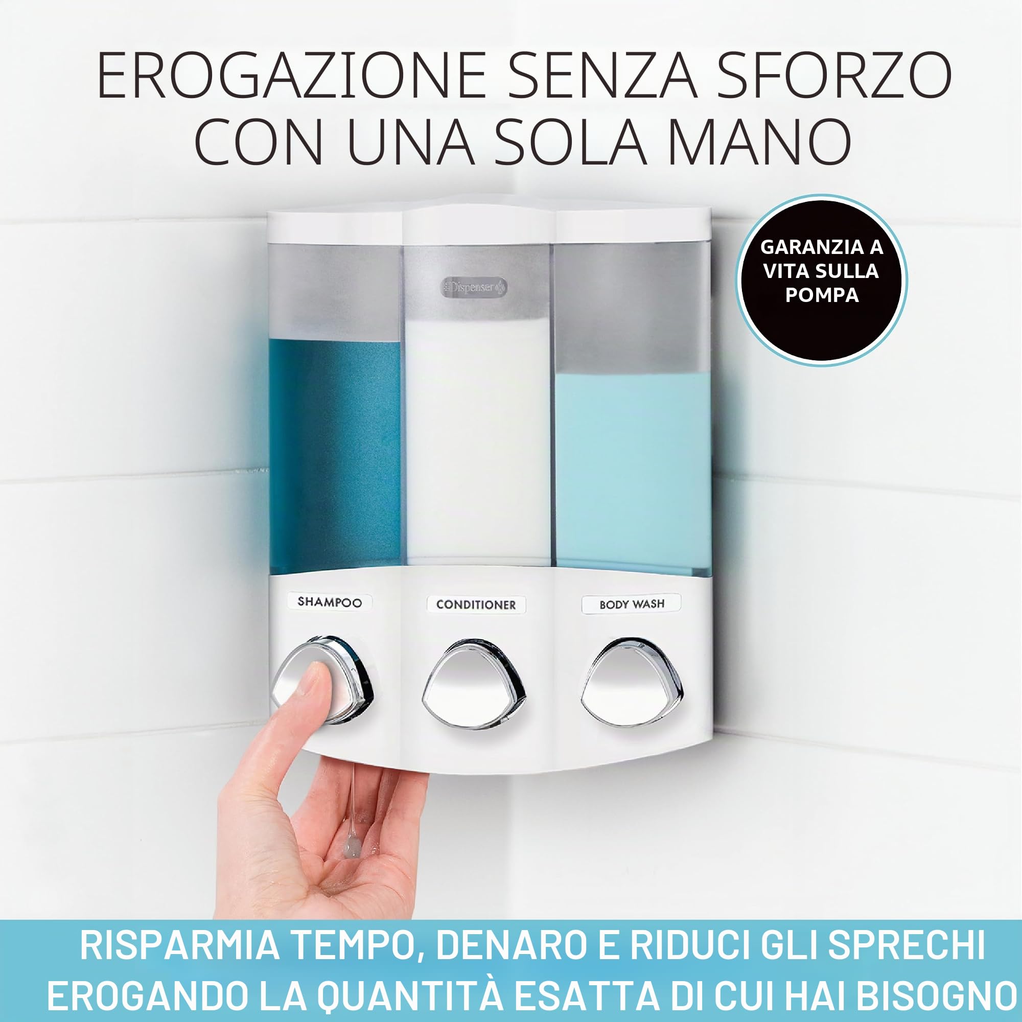 Aviva Better Living Euro Series Trio, Dispenser a Tre sezioni per Sapone e bagnoschiuma, Cromato, Plastica ABS, White, 3-Chamber