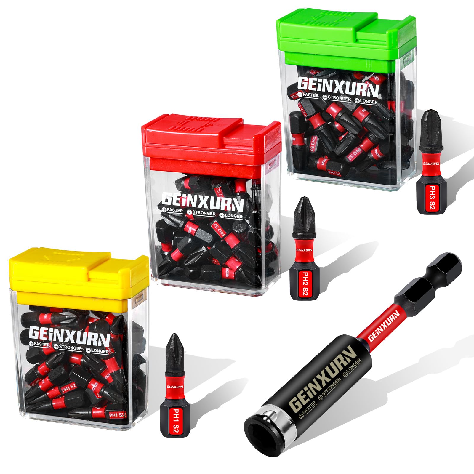 Geinxurn Impact Phillips Screwdriver Bits Set, 90Pcs 25 mm Magnetic (PH1/PH2/PH3) S2 Steel 1/4” Hex Shank Multi Drill Driver Bits and 1PC 75 mm Bit Holder with Storage Colorful Box