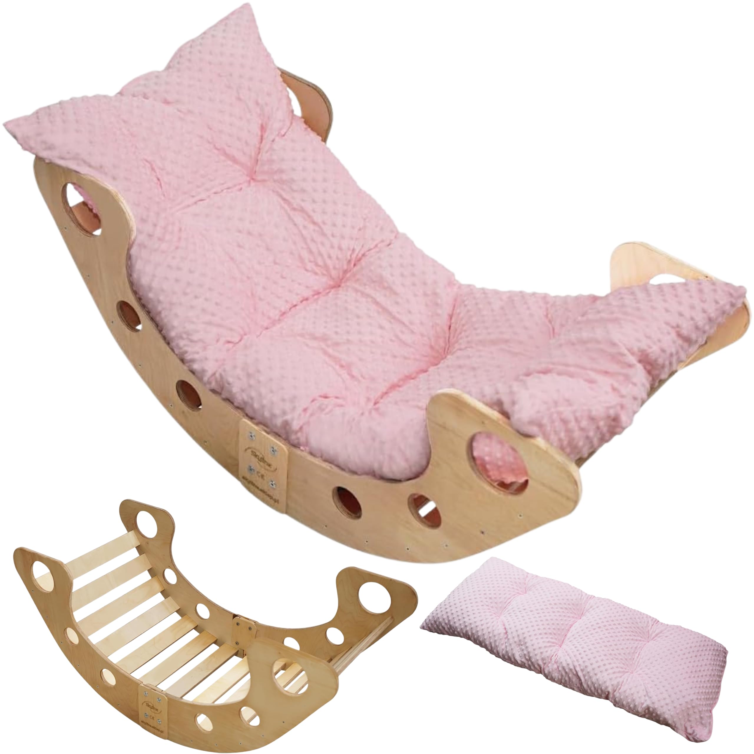 Skyline Altalene di equilibrio in legno tunnel gioco arco da arrampicata montessoriano per bambini fatto a mano dondolo montessori scivolo con altalena con cuscino L Rosa