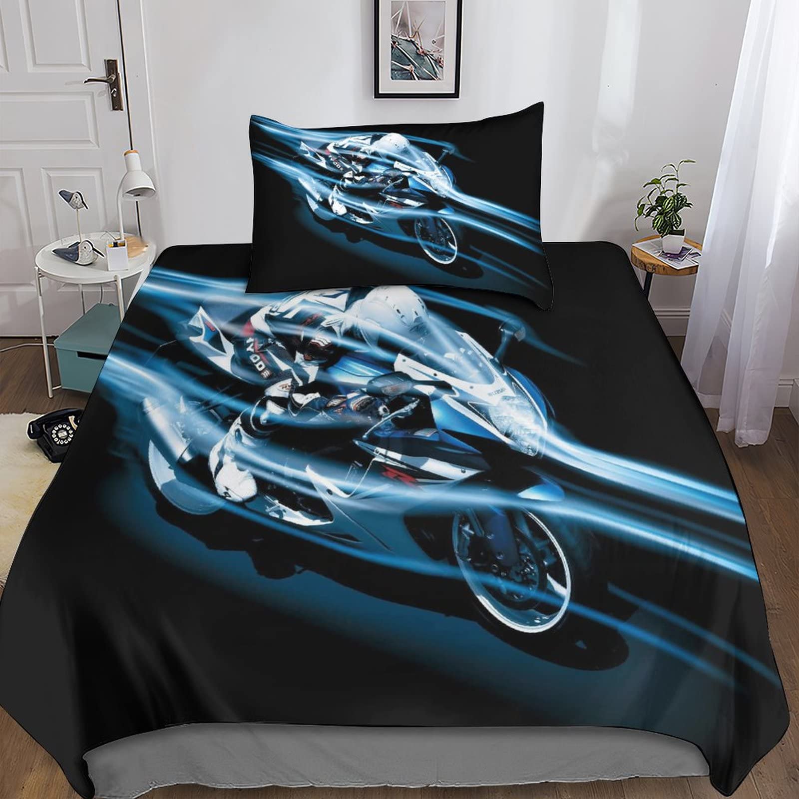 Housse de couette moto 135x200 cm avec taie d'oreiller en microfibre pour lit simple