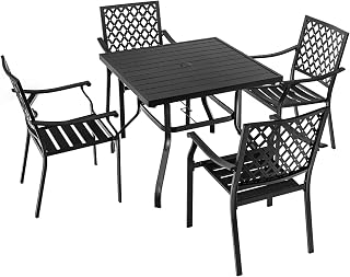 SFAREST 5PCS Patio Dining Set, Outdoor Stackable Chair Table Set with Umbrella Hole, Metal Frame Bistro Conversation Set for Backyard, Garden and Poolside