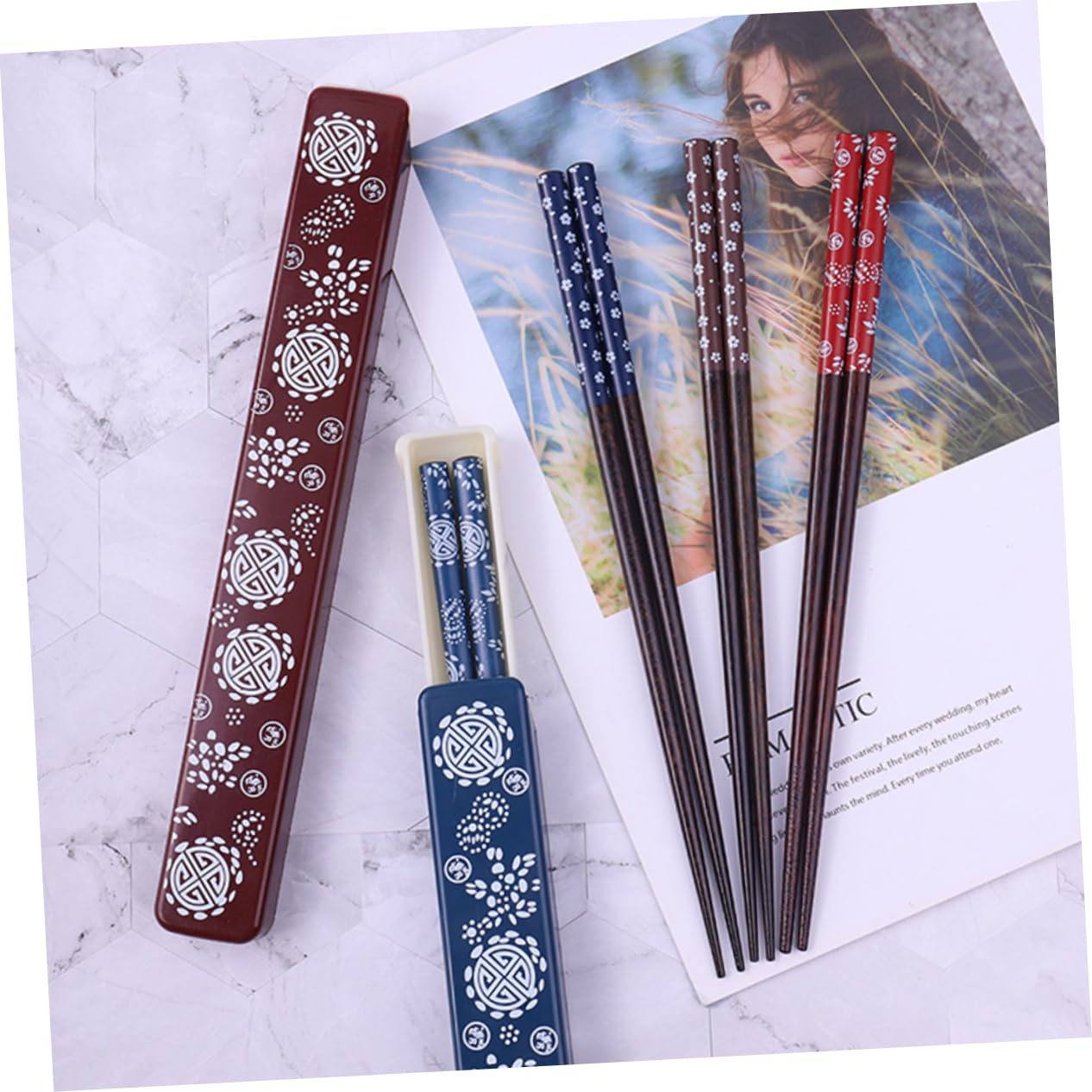 Baguettes avec Boîtes de Rangement Japonaises Pliables, 2 Sets