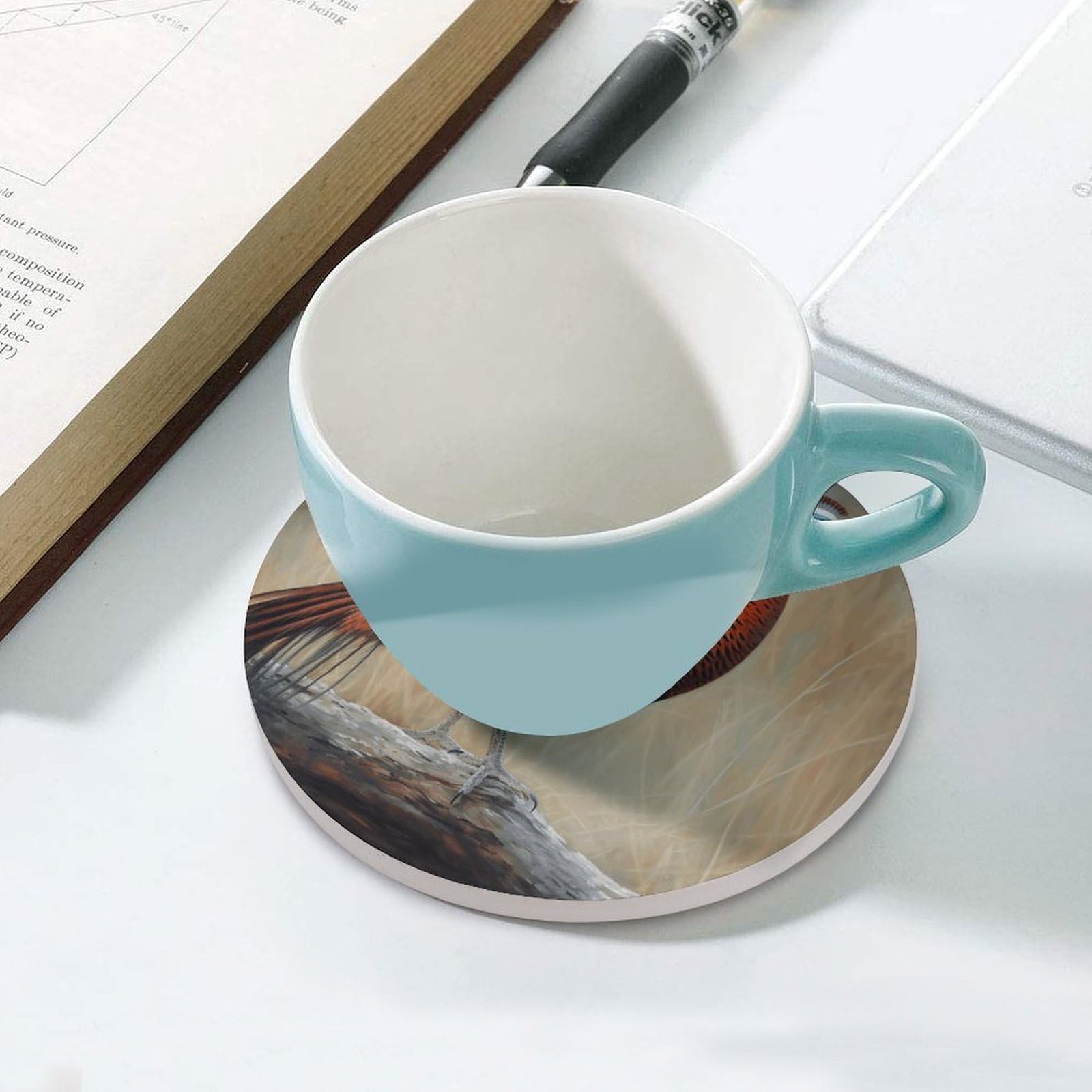 Czerwone podstawki pod napoje bażanta z uchwytem na stolik kawowy, ceramiczna podstawka z podstawą korkową, ceramiczna podstawka kamienna do mrożonych zimnych lub gorących napojów, 10 cm