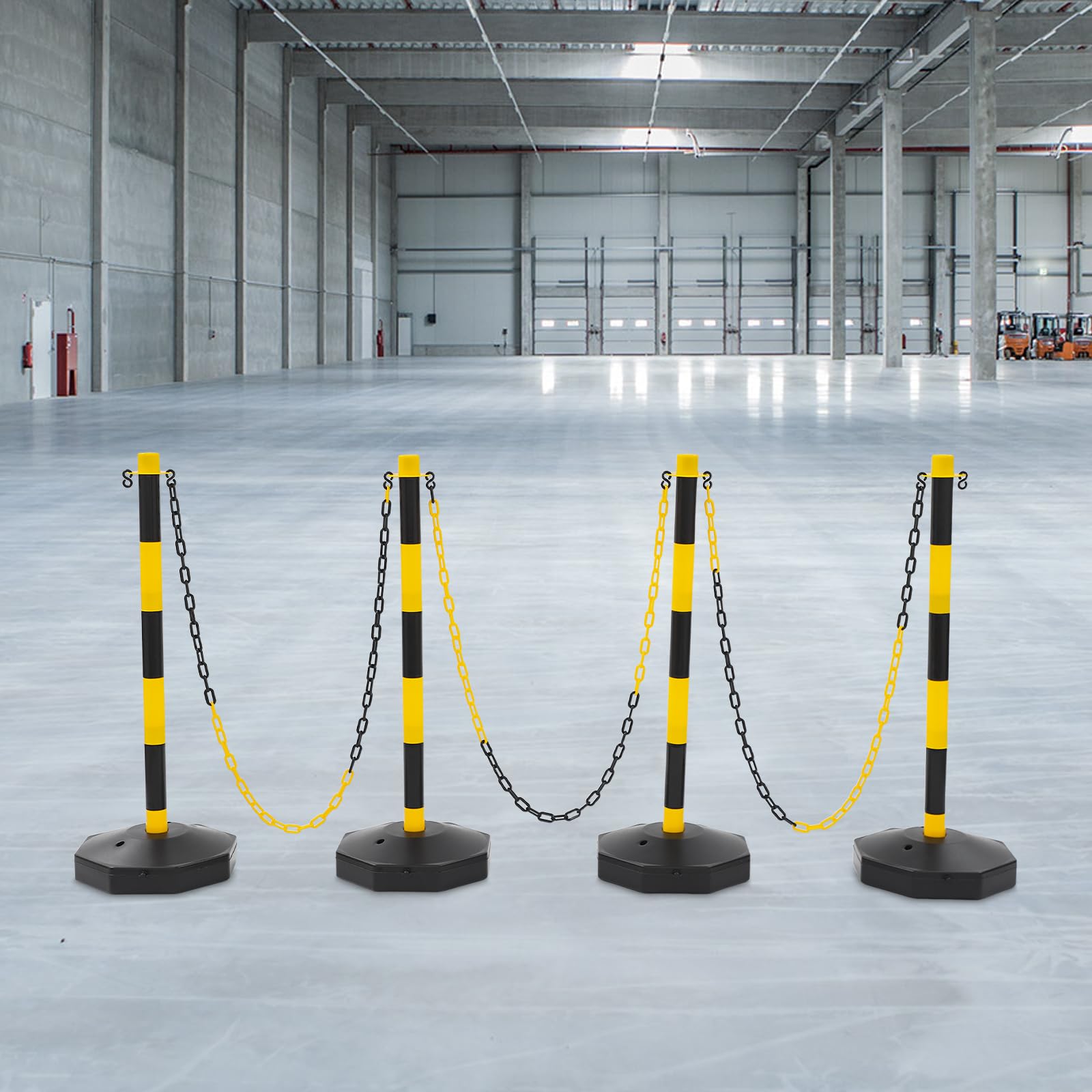 Juego de 4 postes de cadena de plástico para control de tráfico para bloqueos de carretera y seguridad, sistema de barrera ligero y portátil para señalización de estacionamiento
