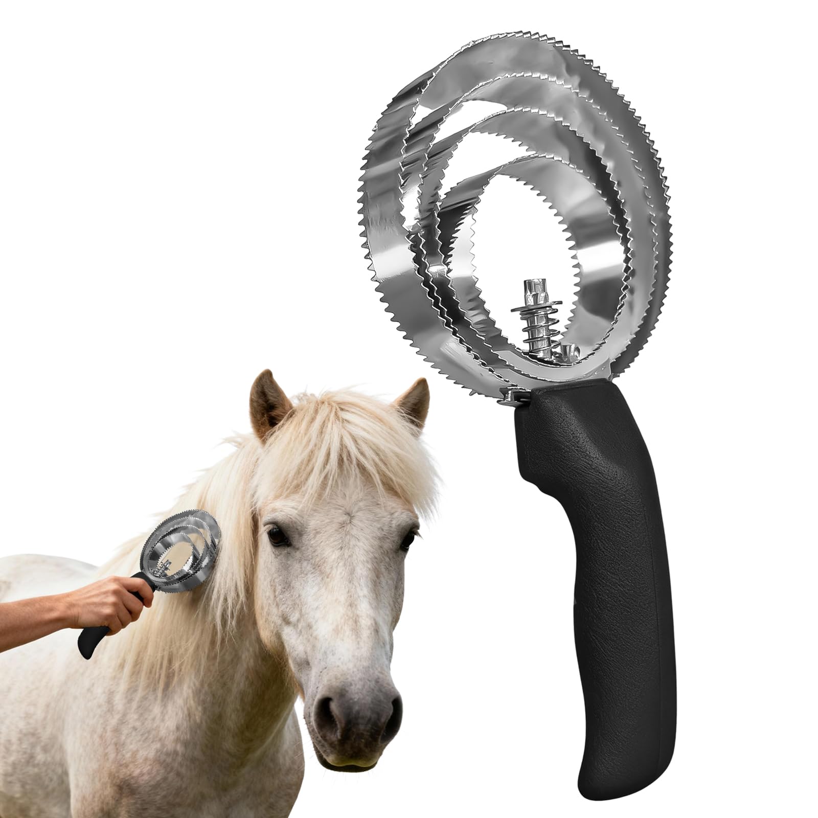 shallyong Horse Welding Knife, Spring Curry Comb for Removal, 4 Rings, Black, Metal Curry Comb for Removal, Double Sided Horse Brush, Stainless Steel Welding Knife for Horses, Prong Metal Curry Comb