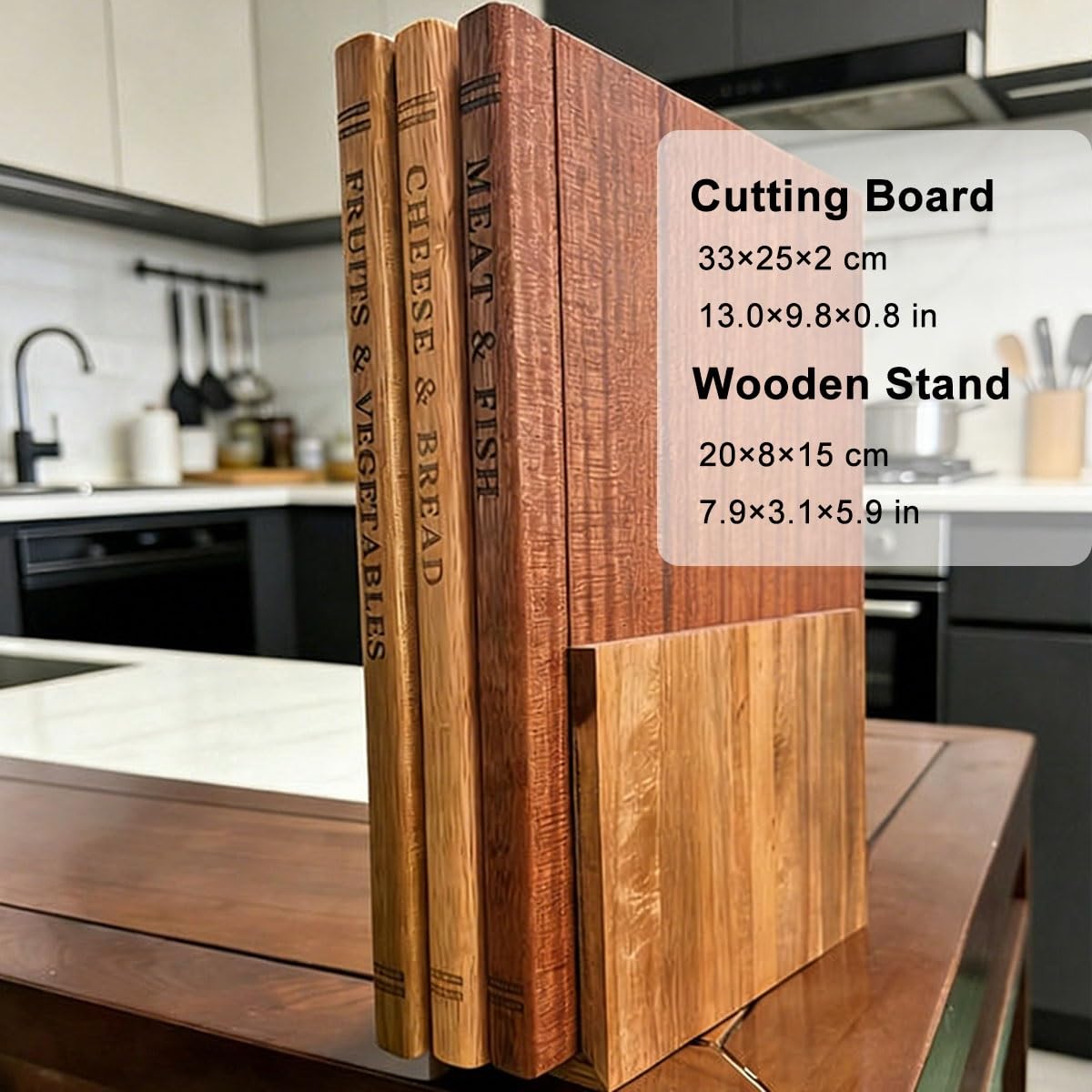 Juego de 3 Tablas de Cortar Cocina en Madera Maciza, Tablas de Corte con Forma de Libro Resistentes, Tablas de Desayuno con Soporte para Frutas, Carnes, Verduras