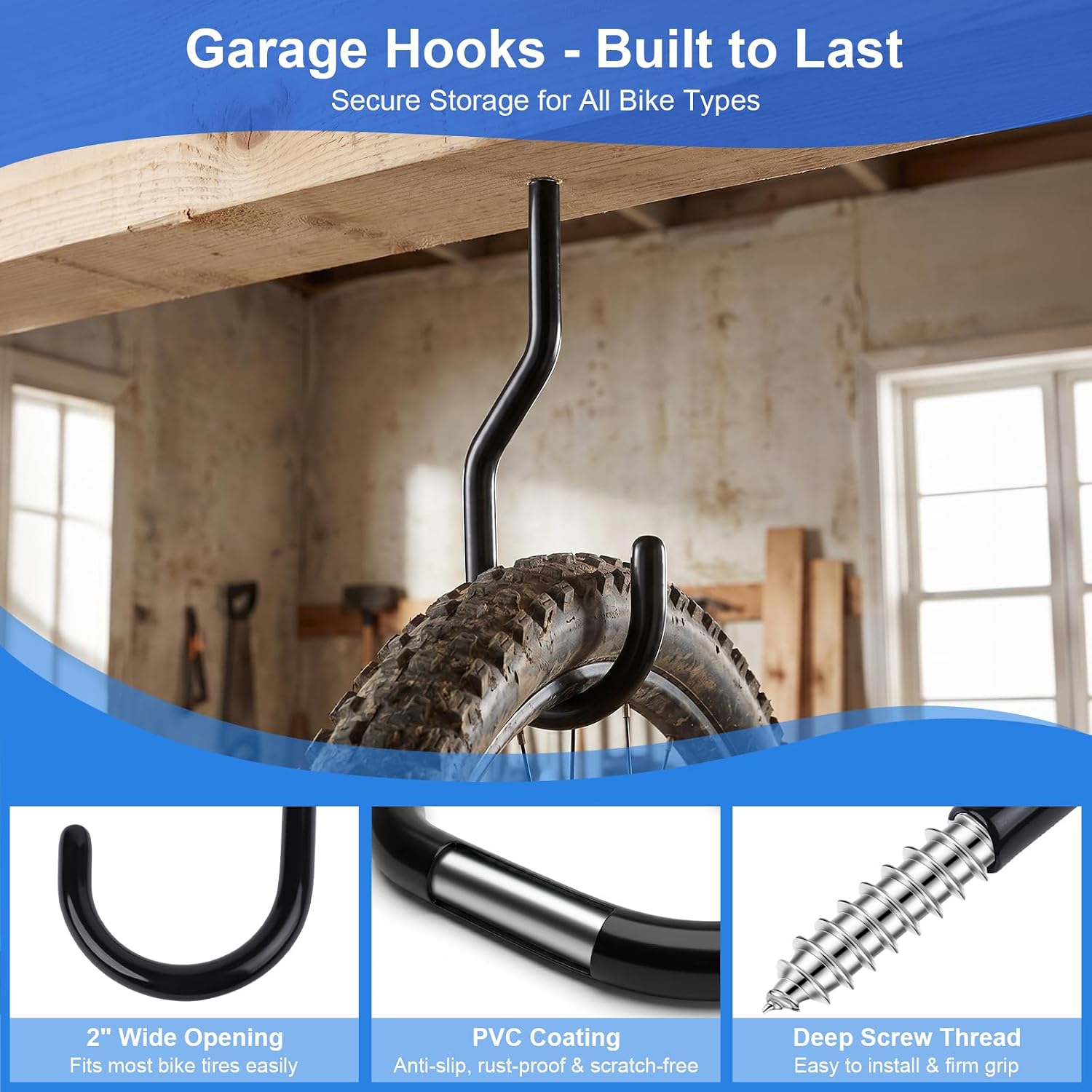 Garage Hooks Heavy Duty, Bike Hooks for Garage Wall Ceiling Mount, 100lbs Capacity Carbon Steel Bicycle Hangers with Anchors, Wide Opening Utility Storage Hooks for Mountain Road Bike Ladder 2 Pack image 4