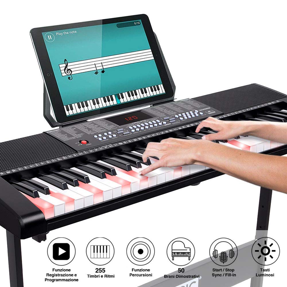 Bakaji Tastiera Musicale Pianola Elettronica 61 Tasti Luminosi Pianoforte Multifunzione con Supporto Sgabello e Cuffie 255 Ritmi Ingresso AUX e Leggio