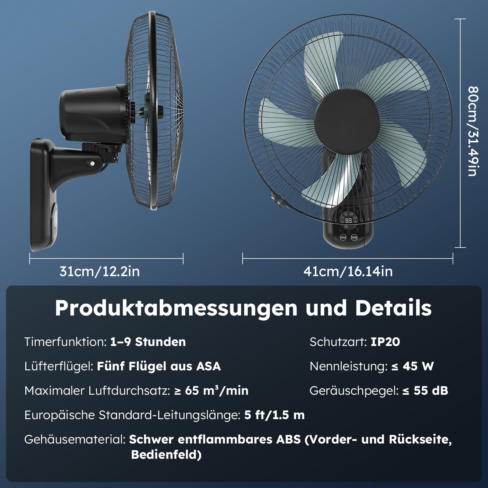 Ventilateur mural avec télécommande & minuterie (1-9h) – 5 pales ASA, 3 vitesses, oscillation 90° – silencieux (≤28dB), montage mural, idéal pour chambre, terrasse & extérieur – Noir.