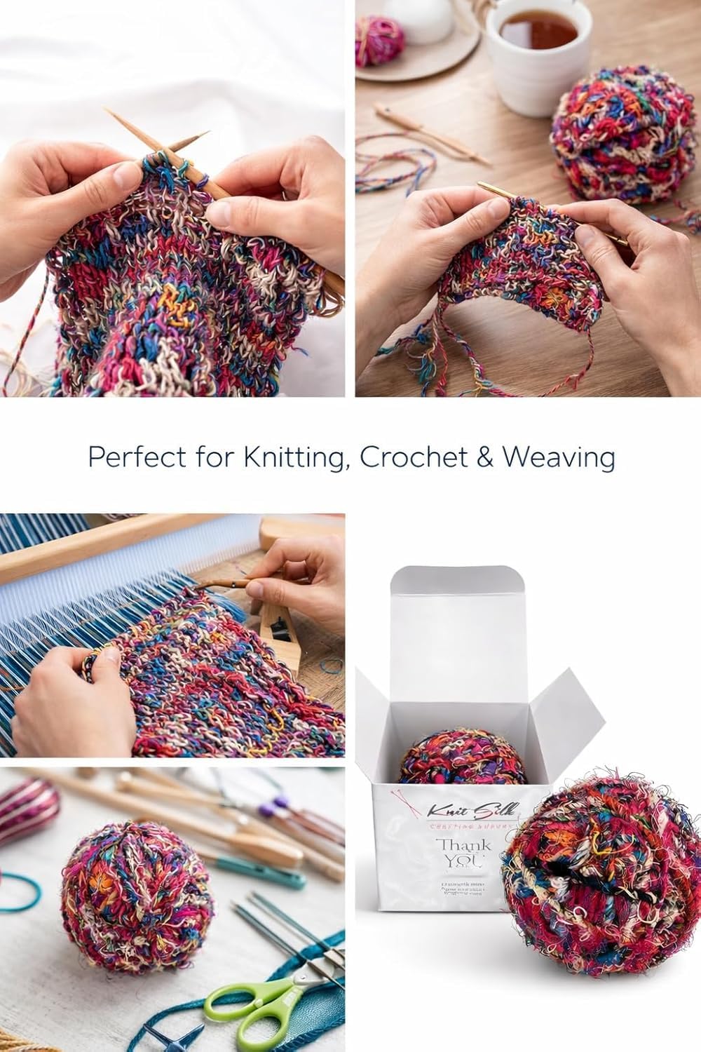 KnitSilk Recyceltes Sari-Seidengarn, 10 Stück, je 100 g, mehrfarbige sperrige Garnknäuel, 80+ Meter pro Knäuel, verschiedene Textilfasern zum Stricken, Häkeln, Weben, Makramee, Basteln und