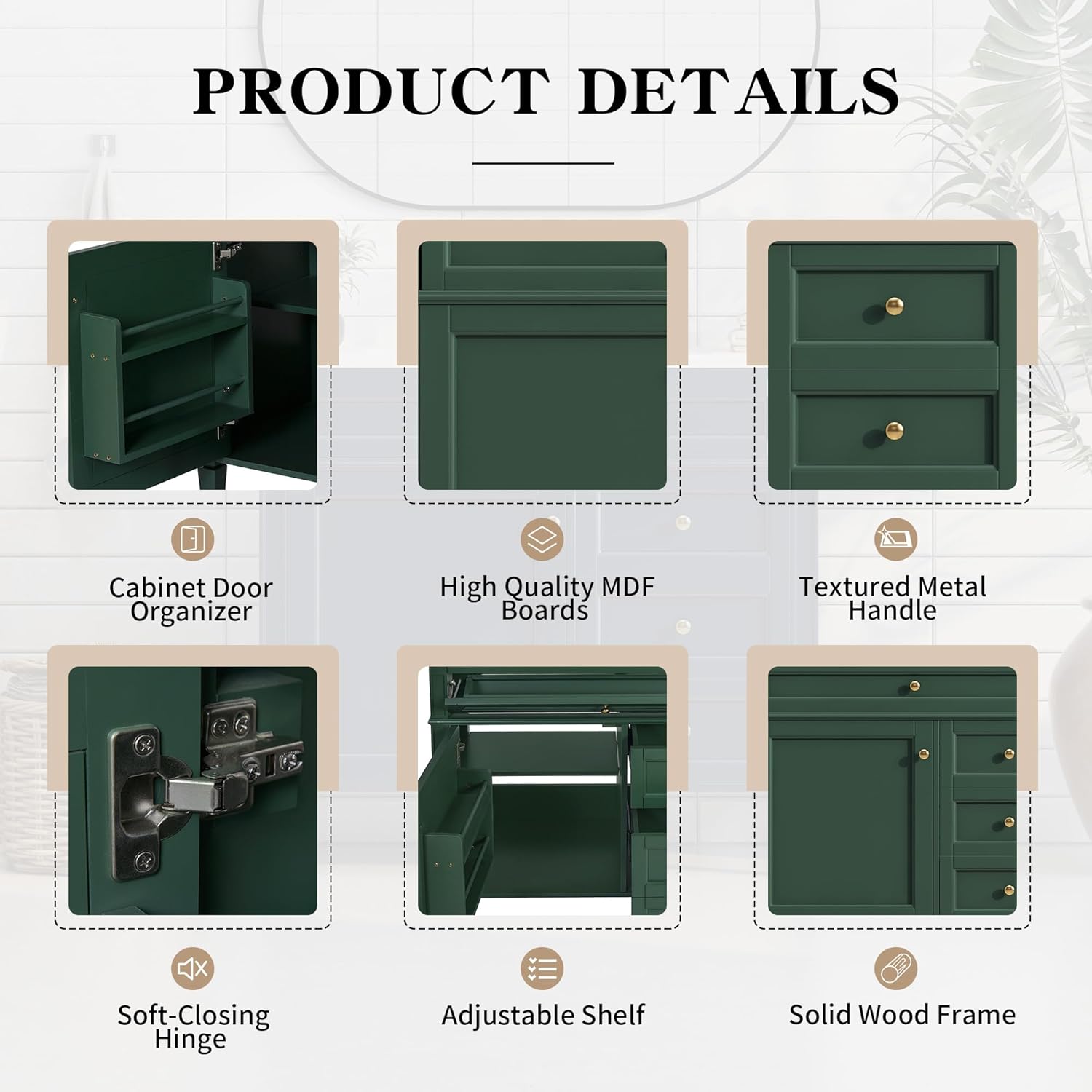 Linique 36" Bathroom Vanity with Sink Combo Set, Solid Wood Frame Bathroom Storage Cabinet with 2 Drawers and a Tip-Out Drawer, Soft Closing Cabinet Door with Organizer, Green