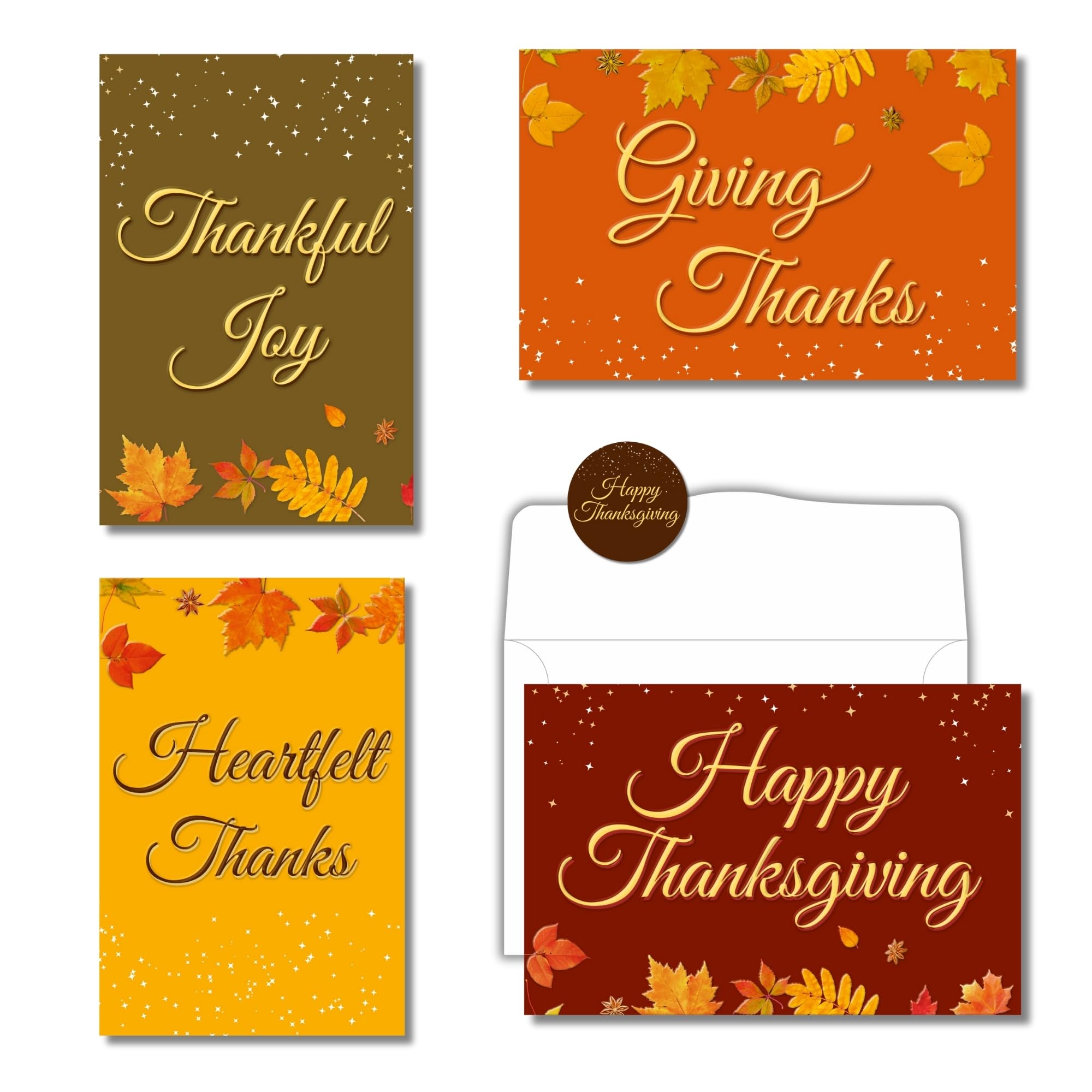 Mie Creations Thanksgiving Cards with Envelopes, 24 Bulk Assorted Fall Harvest Season Greeting Cards UV Spot, 4 Designs, Boxed Set Giving Thanks Gratitude notecards for Family, Friends- 4x6 inches